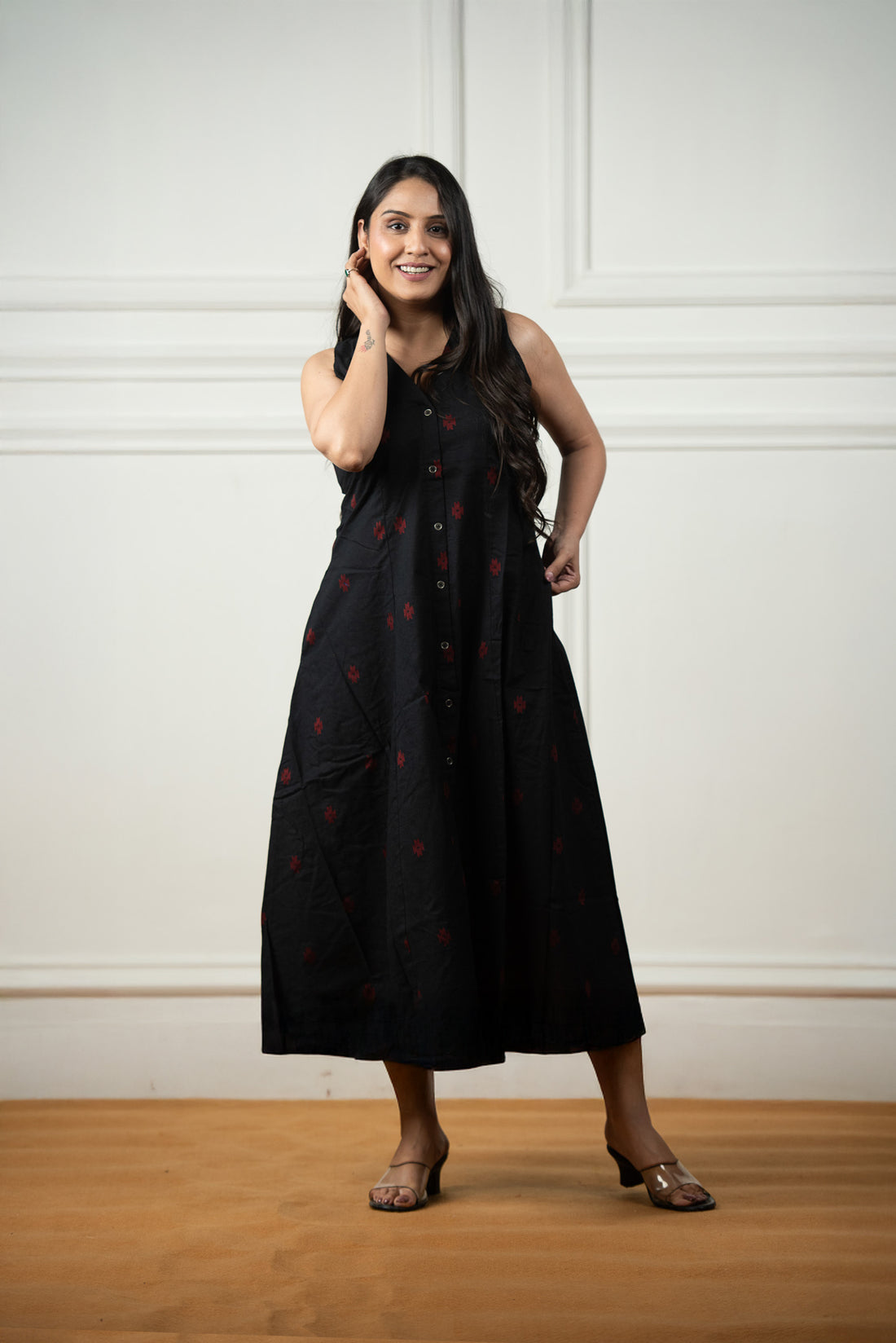 Black Cotton Dobby Haulter 6-kali Open Front A-line Dress