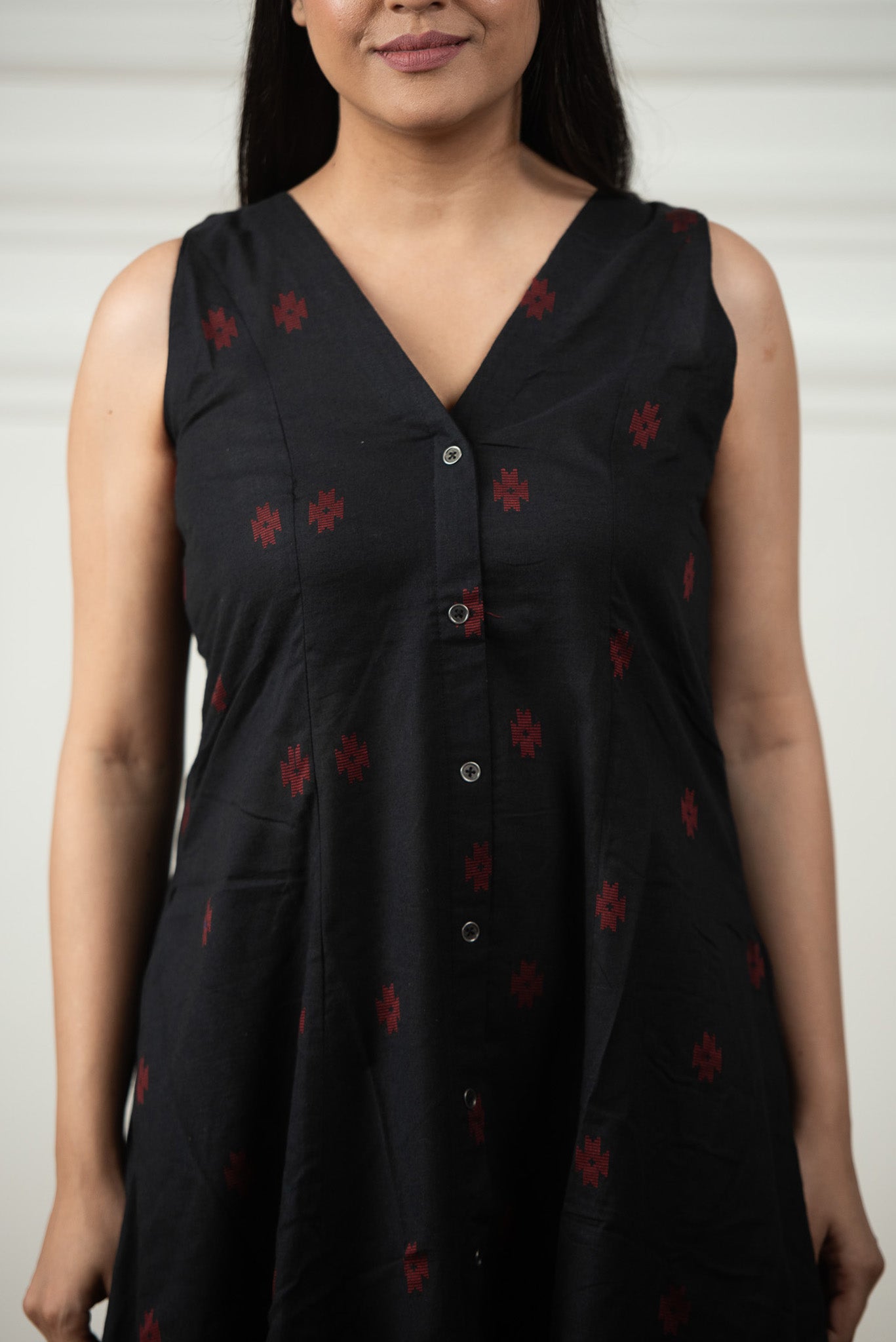 Black Cotton Dobby Haulter 6-kali Open Front A-line Dress