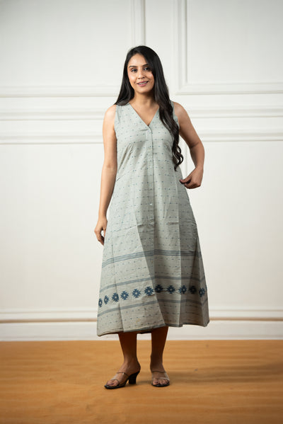 Silver Grey Cotton Dobby Haulter Open Front A-line Dress