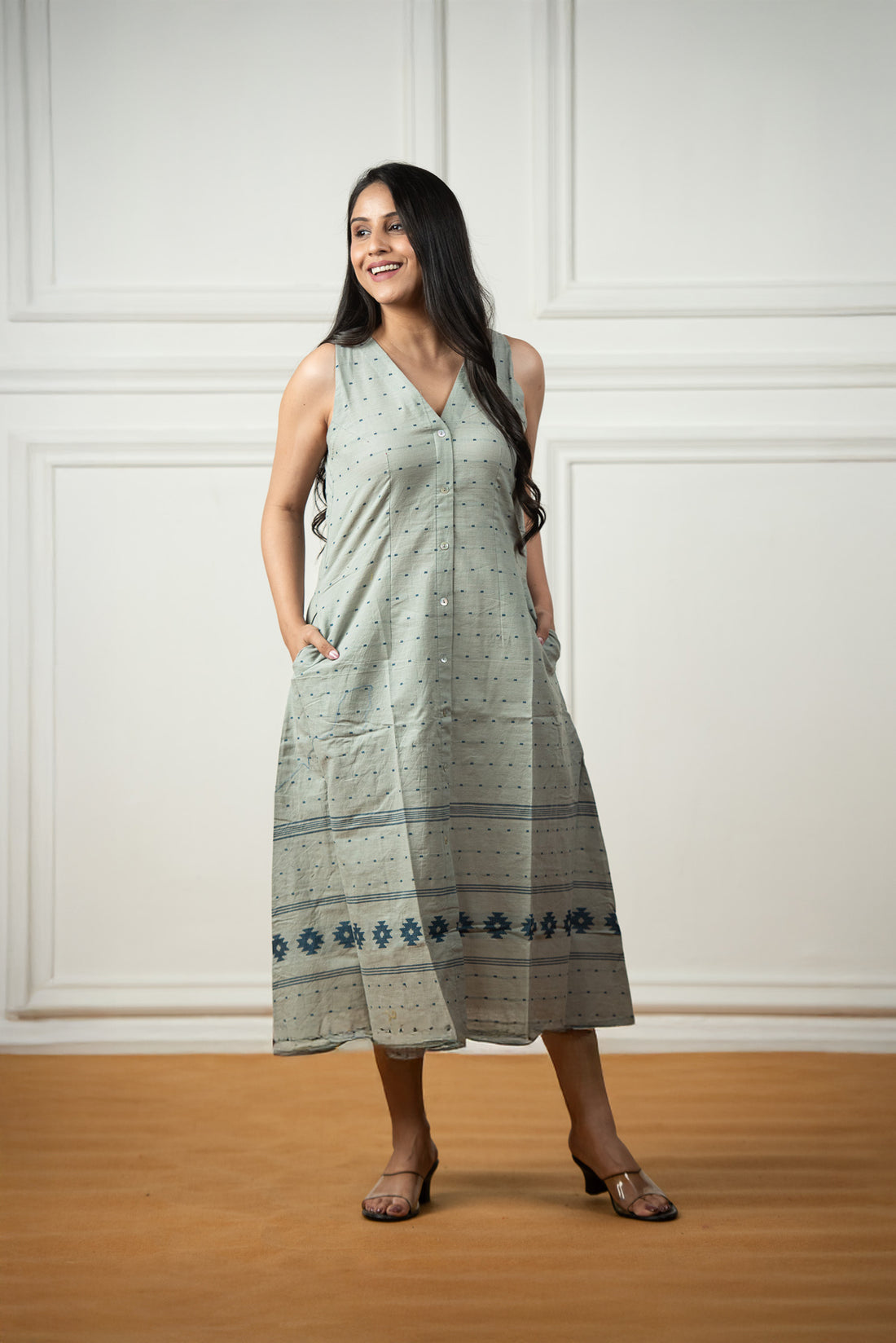 Silver Grey Cotton Dobby Haulter Open Front A-line Dress