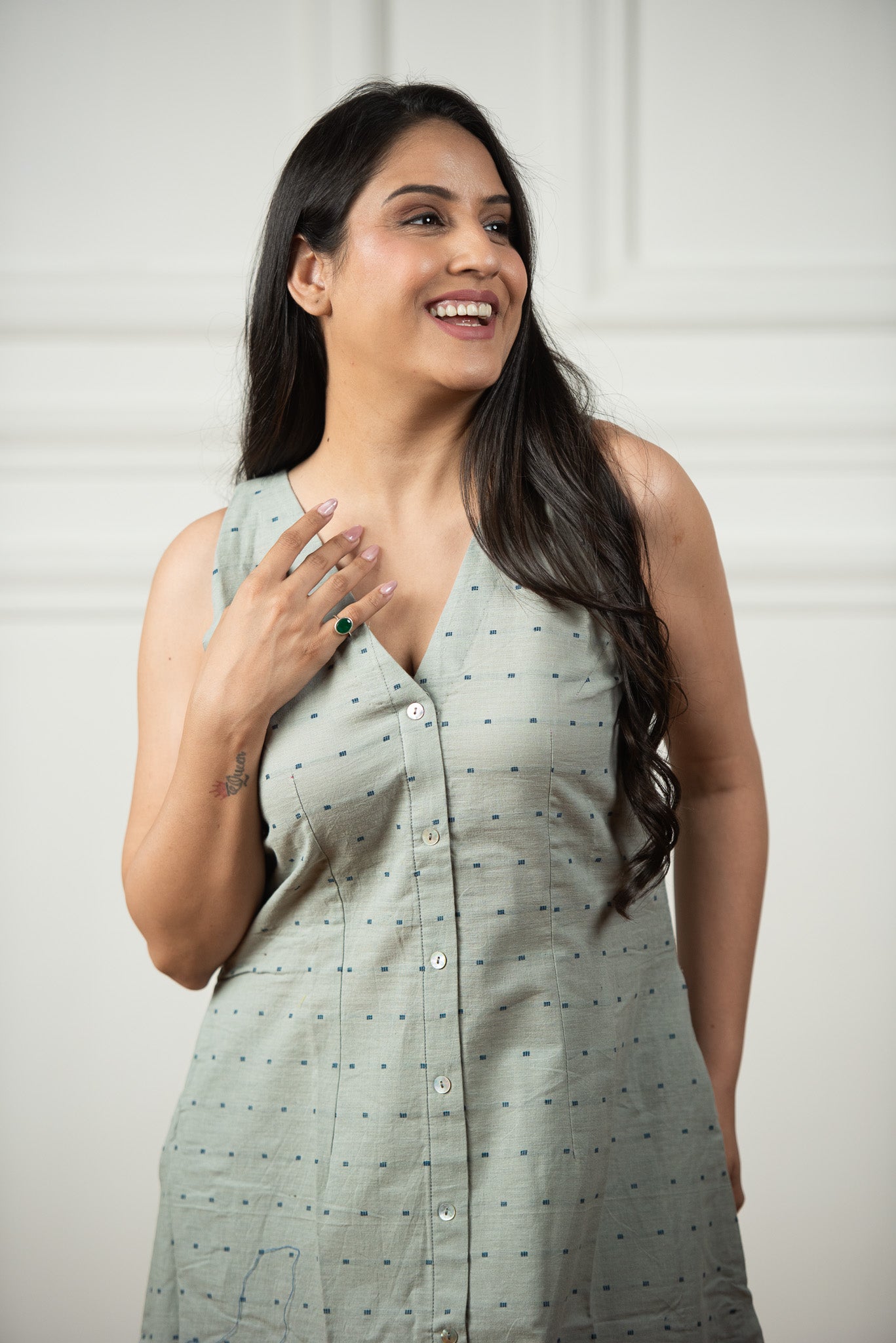 Silver Grey Cotton Dobby Haulter Open Front A-line Dress