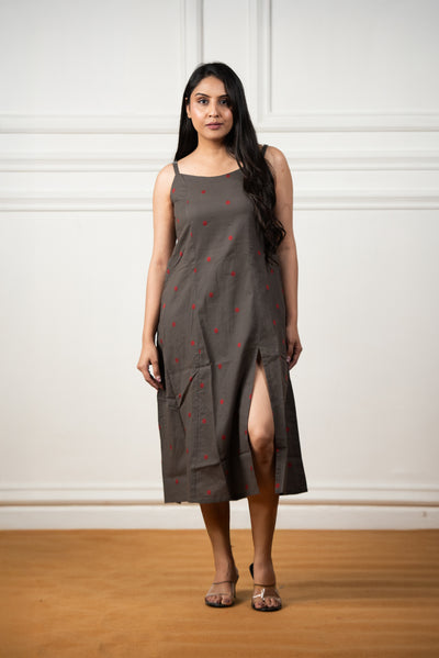 Steel Grey Cotton Dobby Spaghetti Front Slits A-line dress