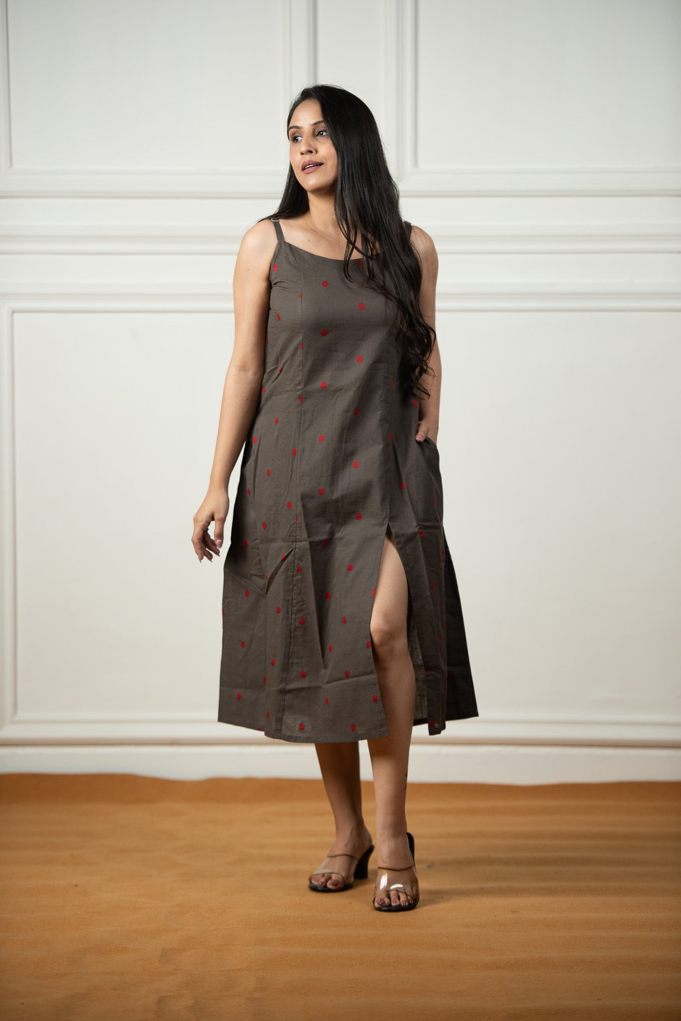 Steel Grey Cotton Dobby Spaghetti Front Slits A-line dress