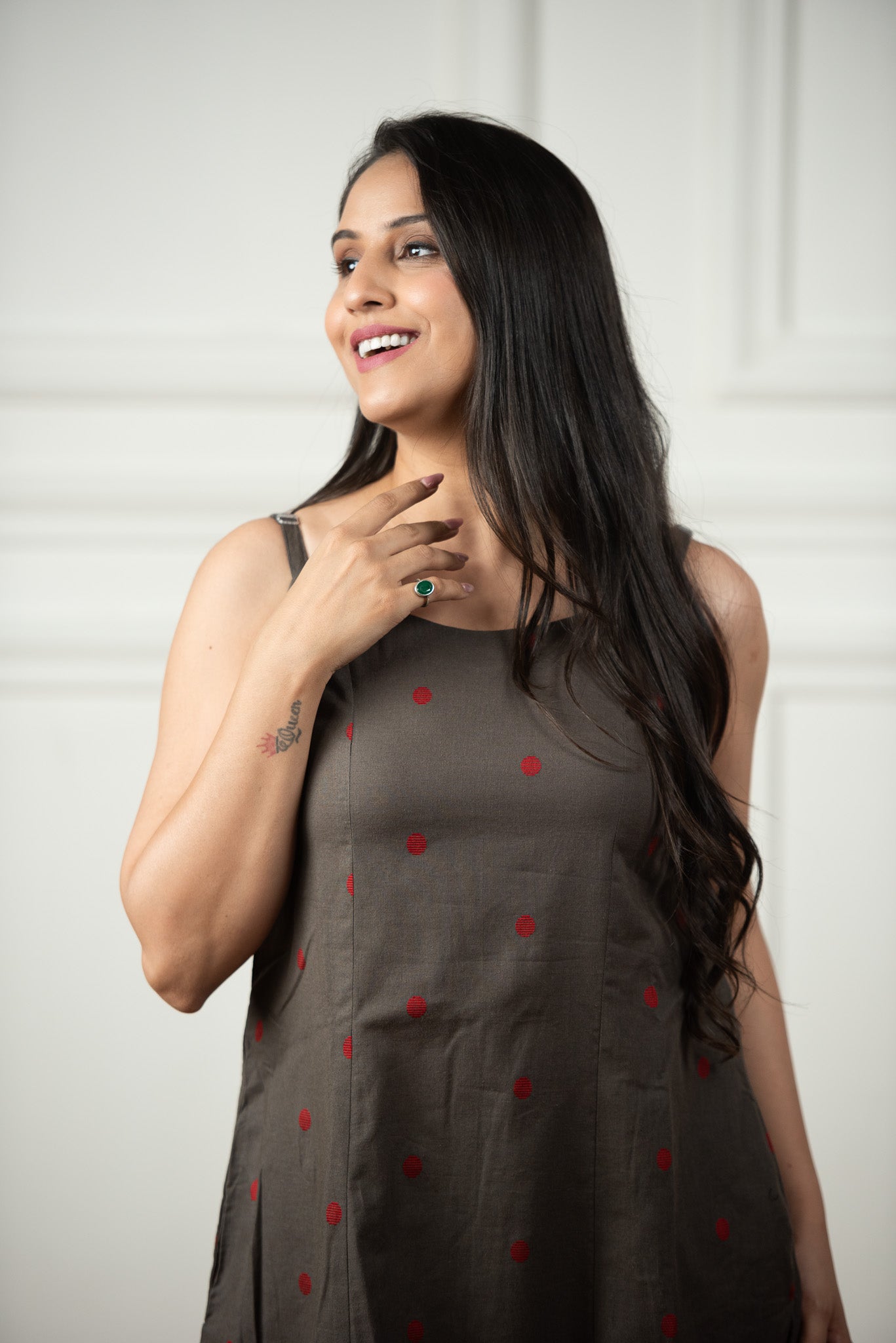 Steel Grey Cotton Dobby Spaghetti Front Slits A-line dress