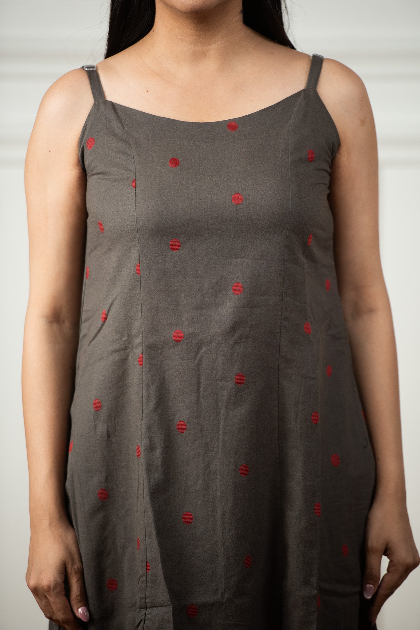 Steel Grey Cotton Dobby Spaghetti Front Slits A-line dress