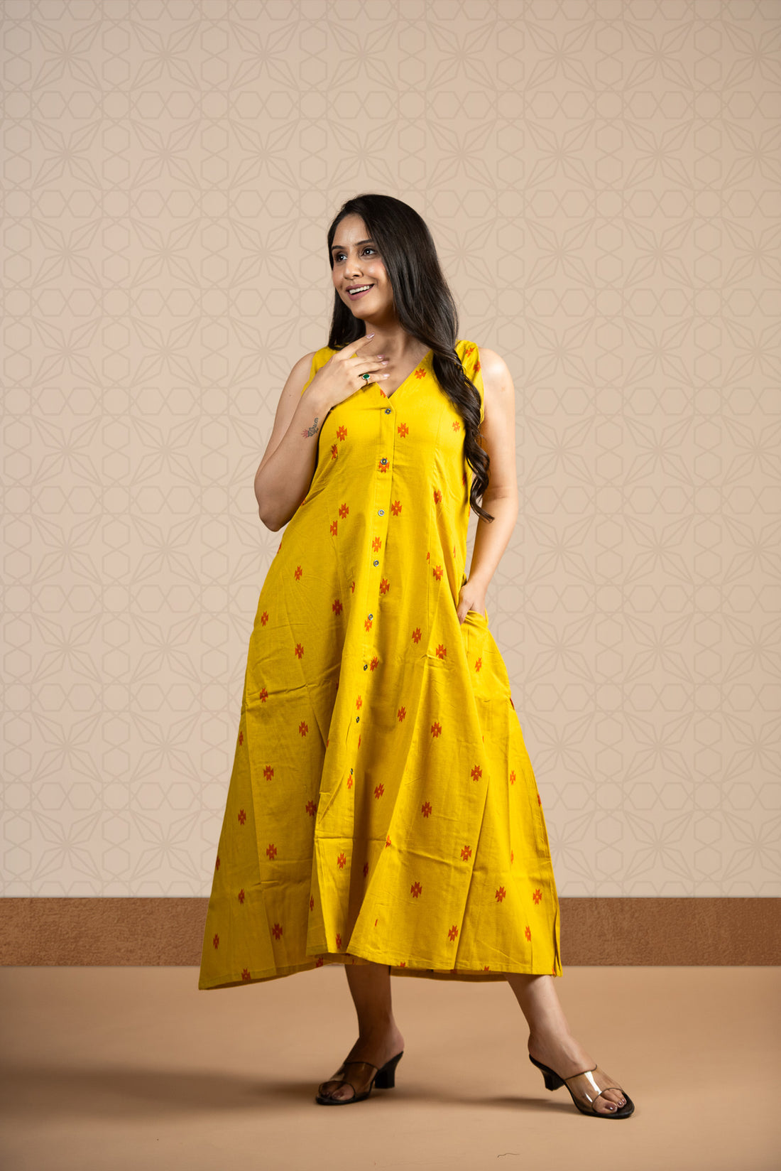 Classic Yellow Cotton Dobby Haulter 6-kali Open Front A-line Dress
