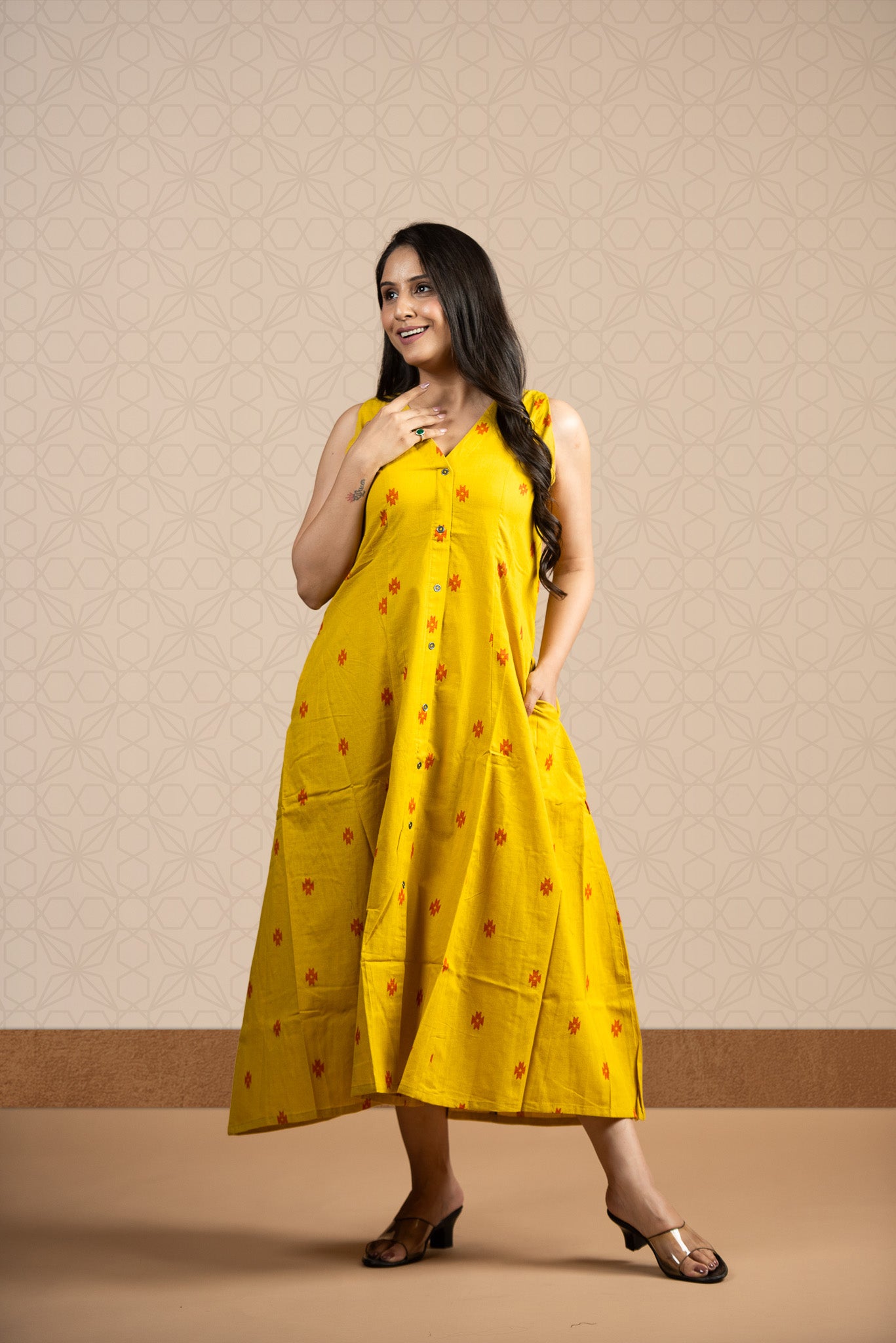 Classic Yellow Cotton Dobby Haulter 6-kali Open Front A-line Dress