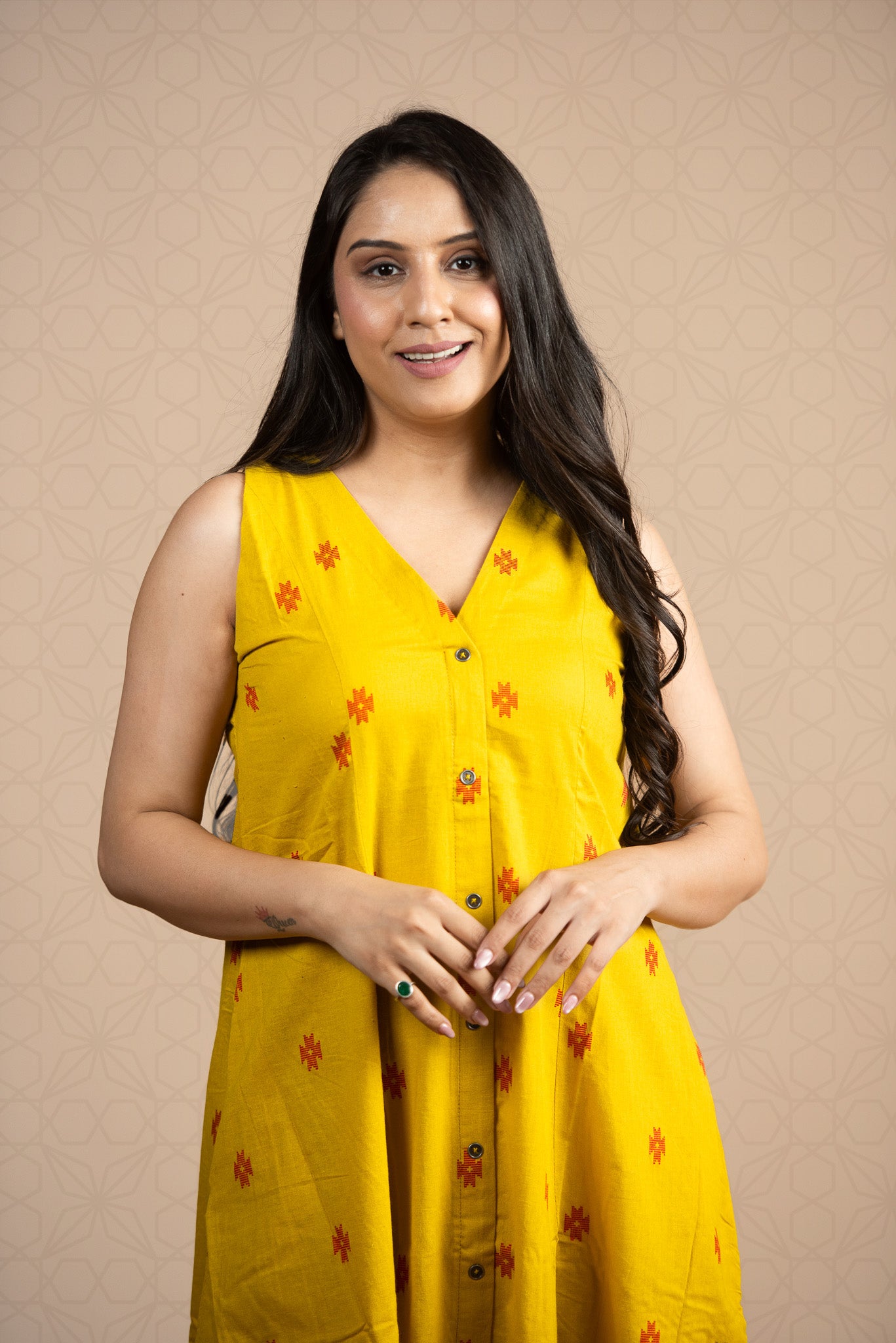 Classic Yellow Cotton Dobby Haulter 6-kali Open Front A-line Dress