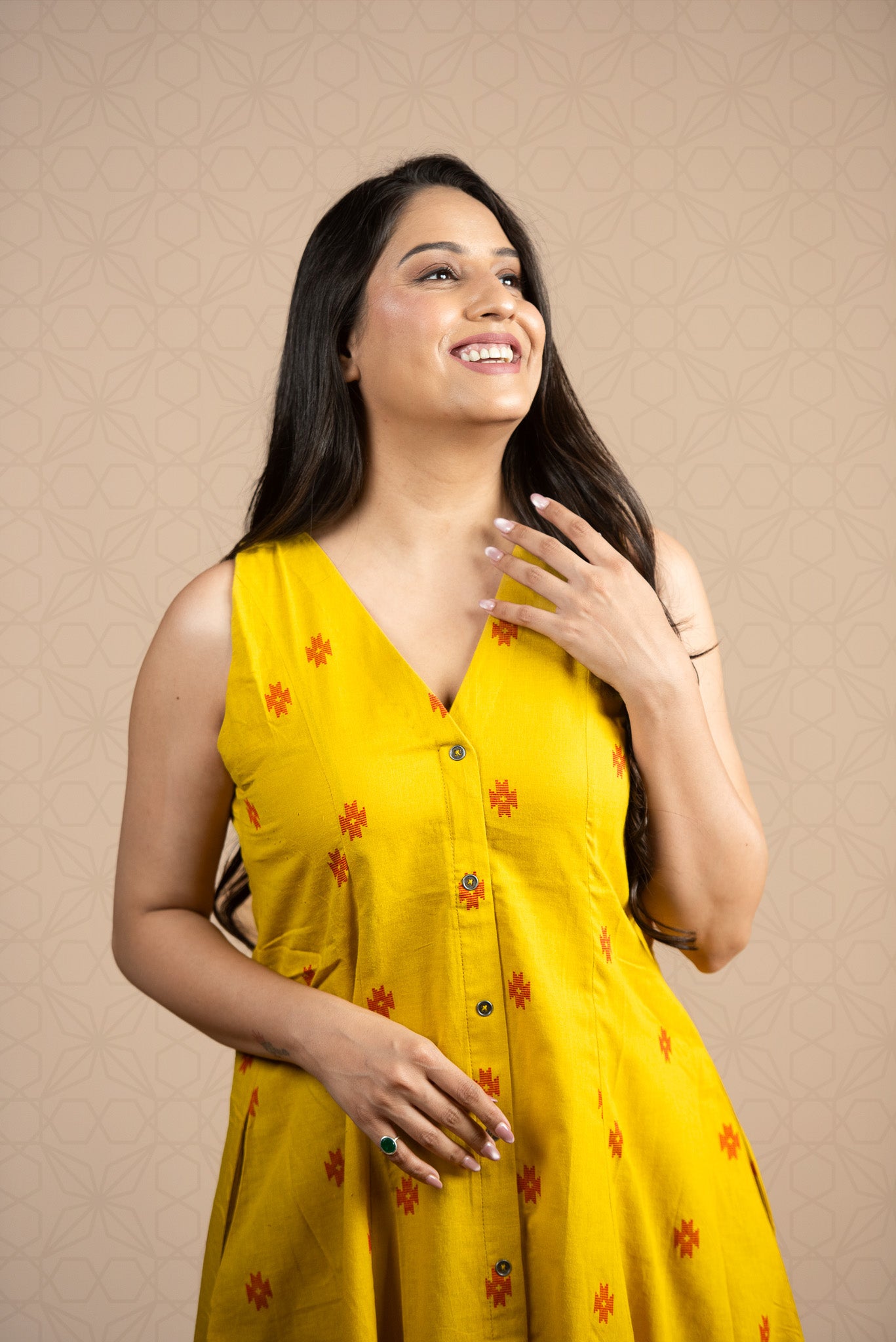 Classic Yellow Cotton Dobby Haulter 6-kali Open Front A-line Dress