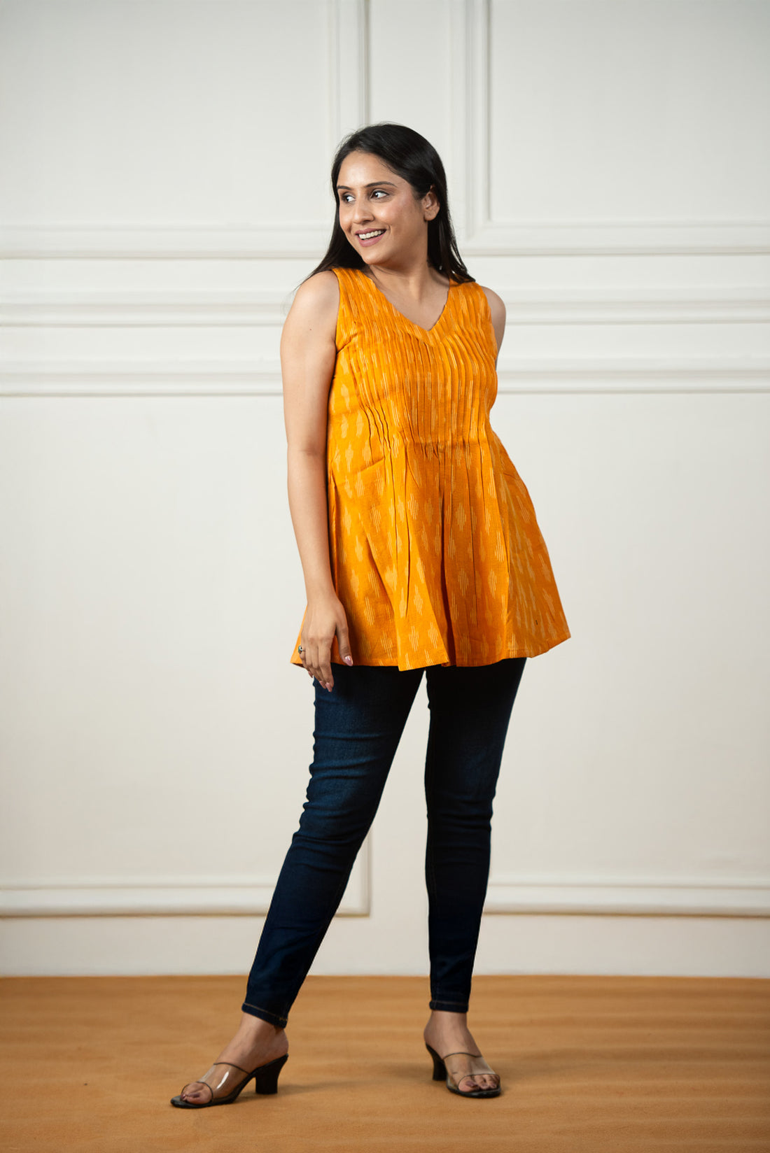 Musturd Yellow Ikkat Haulter Front Plitted Short Kurti