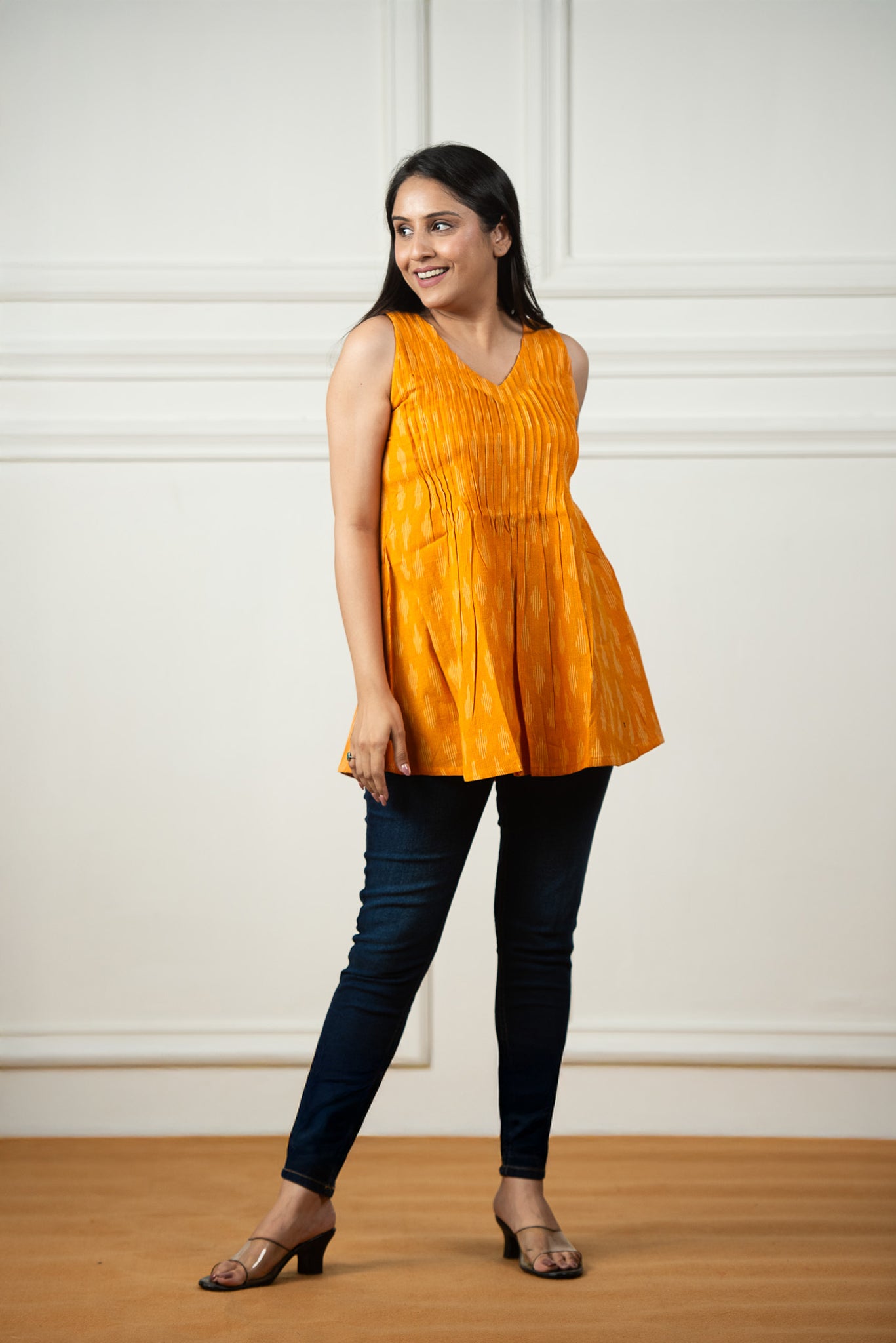 Musturd Yellow Ikkat Haulter Front Plitted Short Kurti