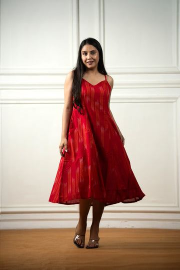 Red Ikkat Spaghetti 6-kali A-line Dress