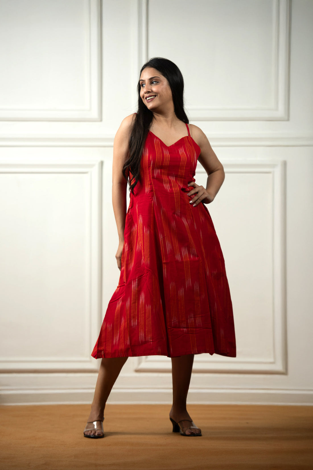 Red Ikkat Spaghetti 6-kali A-line Dress