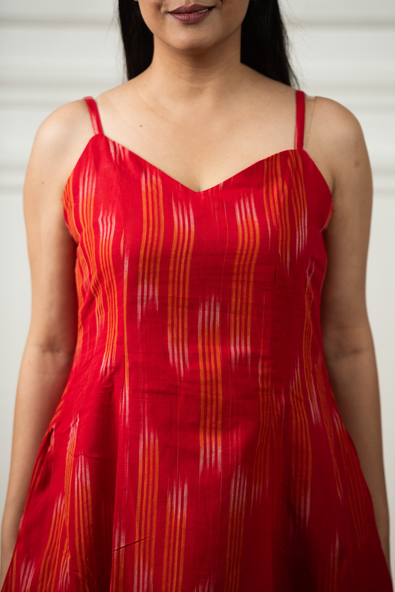 Red Ikkat Spaghetti 6-kali A-line Dress