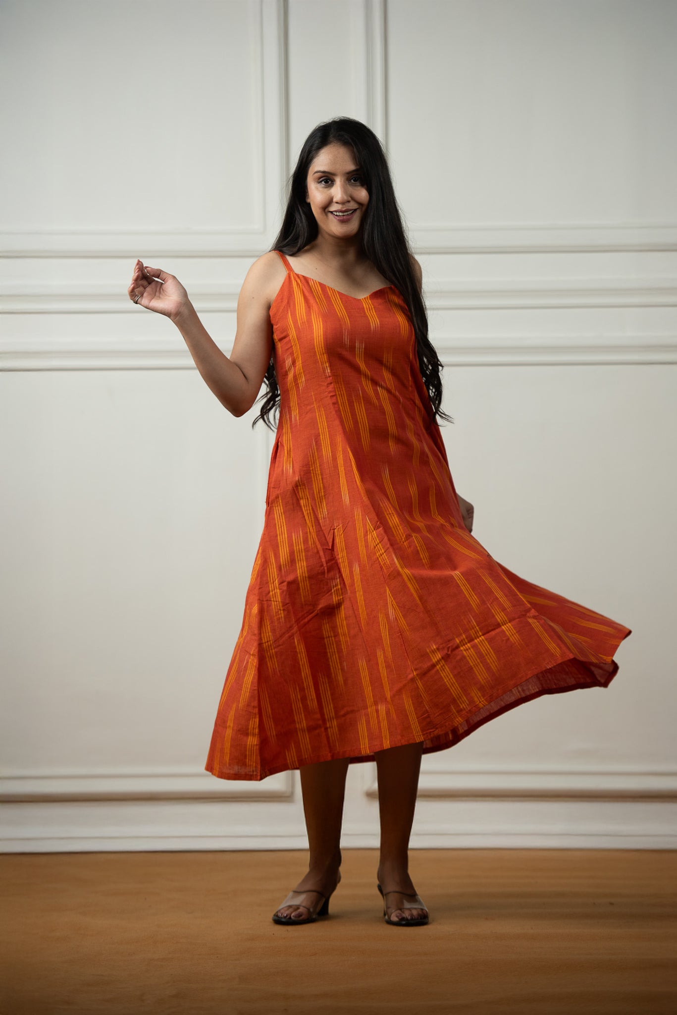 Glossy Orange Ikkat Spaghetti 6-kali A-line Dress
