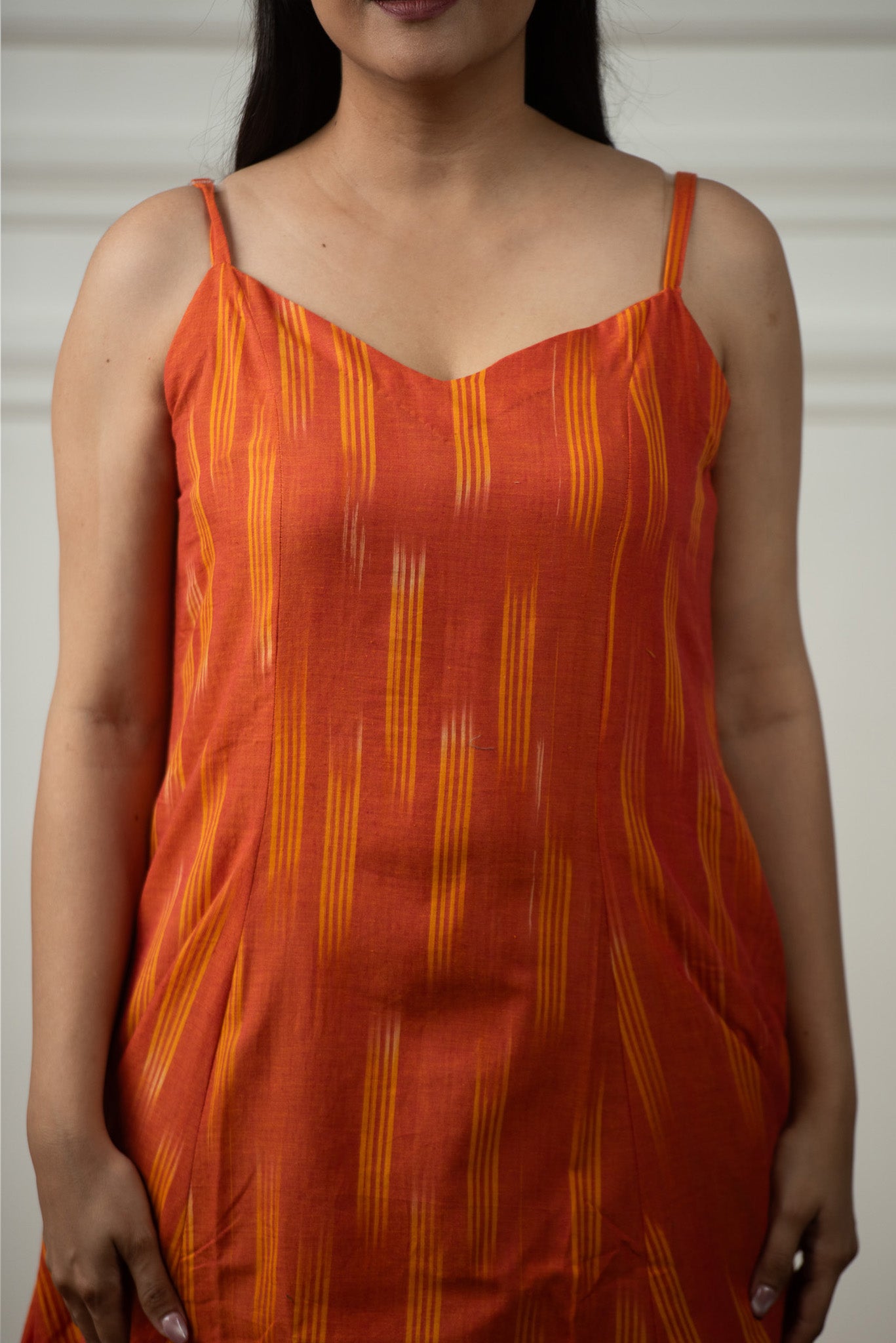 Glossy Orange Ikkat Spaghetti 6-kali A-line Dress