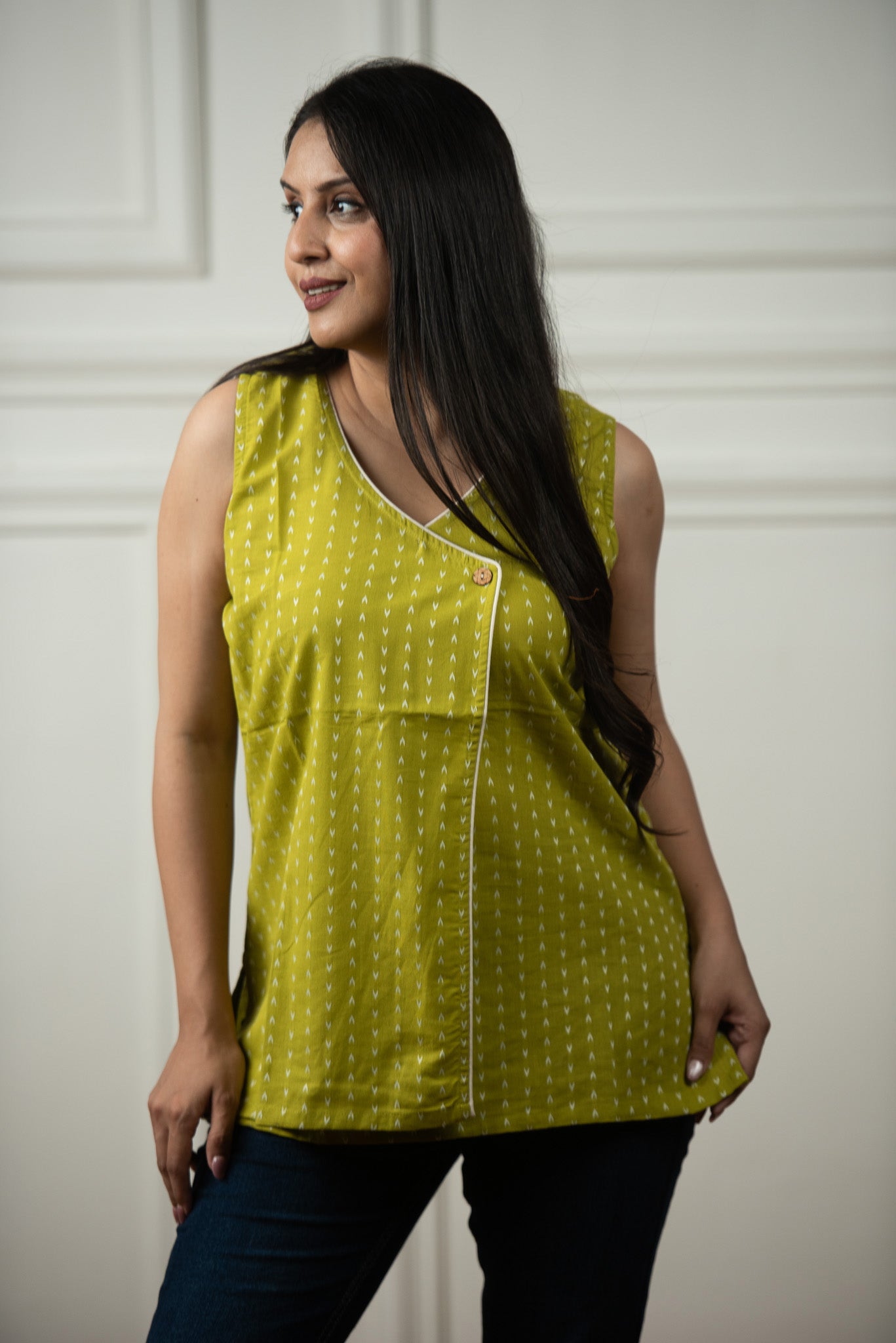 Parrot Green Cotton Dobby Overlap Haulter Short kurti