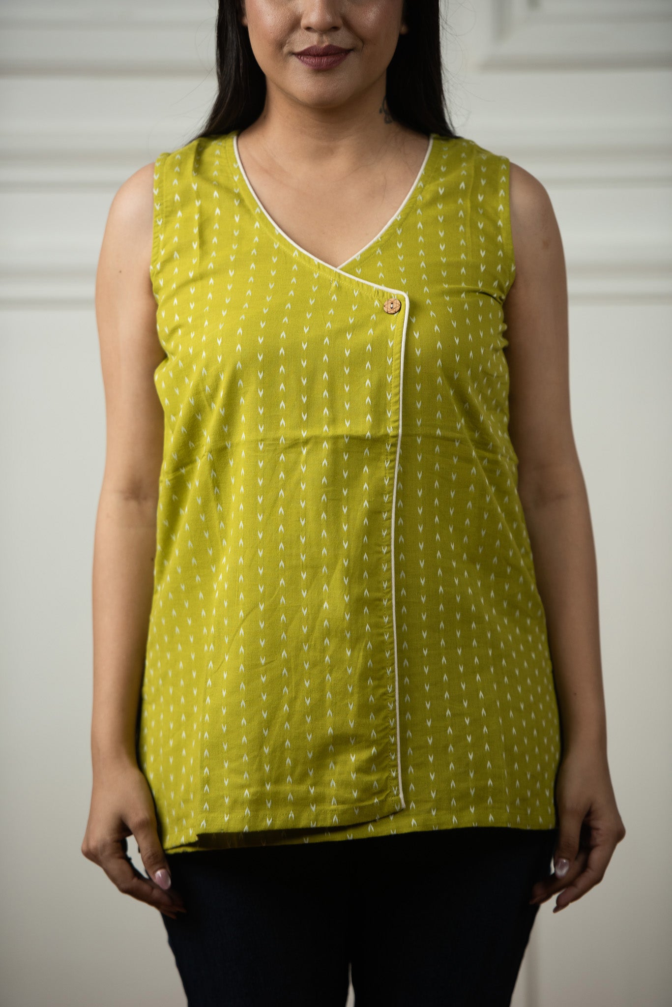Parrot Green Cotton Dobby Overlap Haulter Short kurti