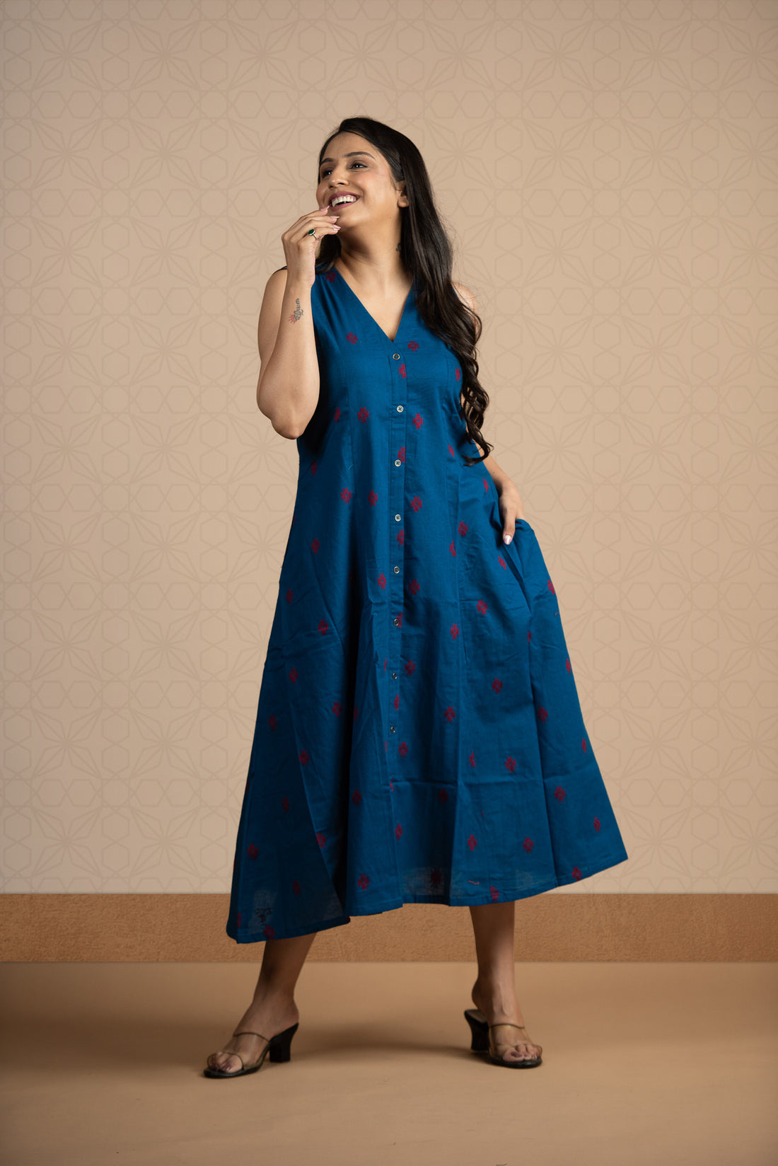 Royal Blue Cotton Dobby Haulter 6-kali Open Front A-line Dress