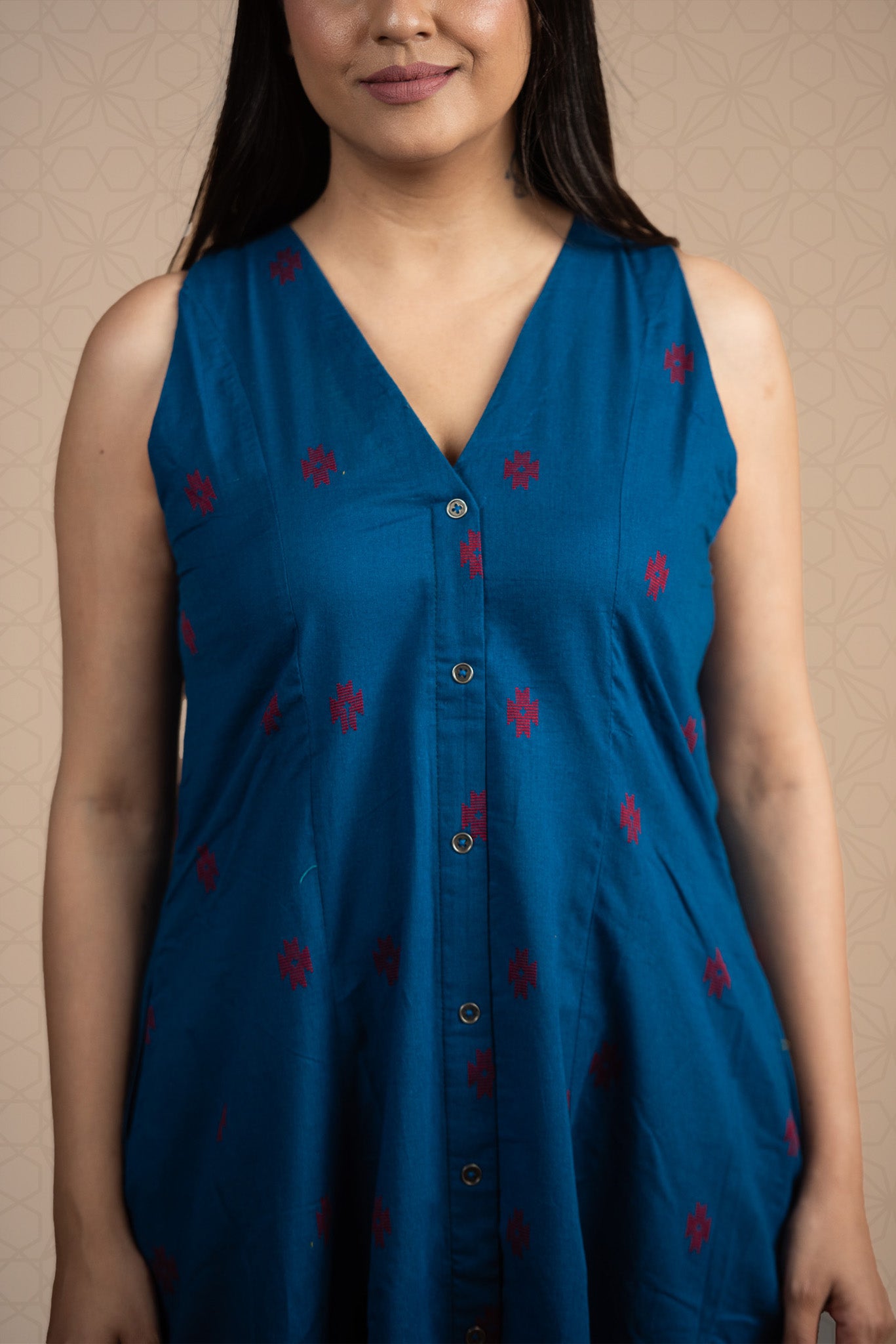 Royal Blue Cotton Dobby Haulter 6-kali Open Front A-line Dress