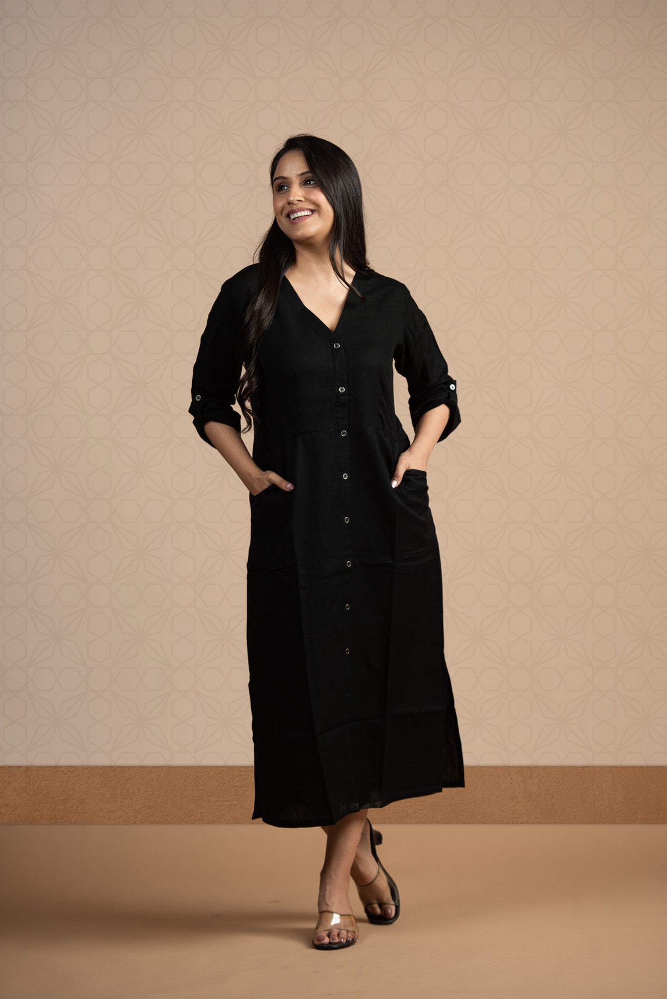 Black Cotton Flex Front Open Bodycon dress