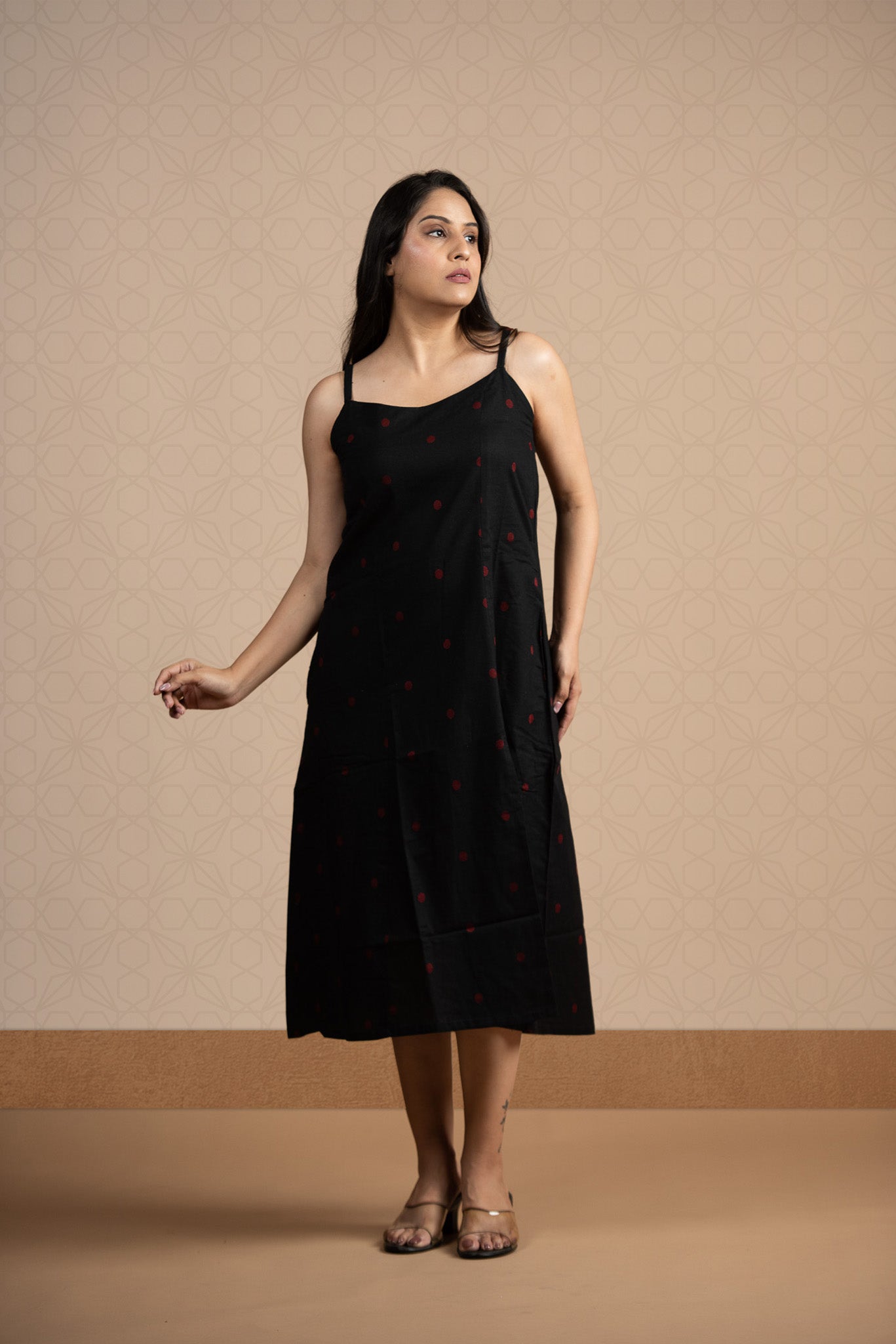 Black Cotton Dobby Spaghetti Front Slits A-line dress