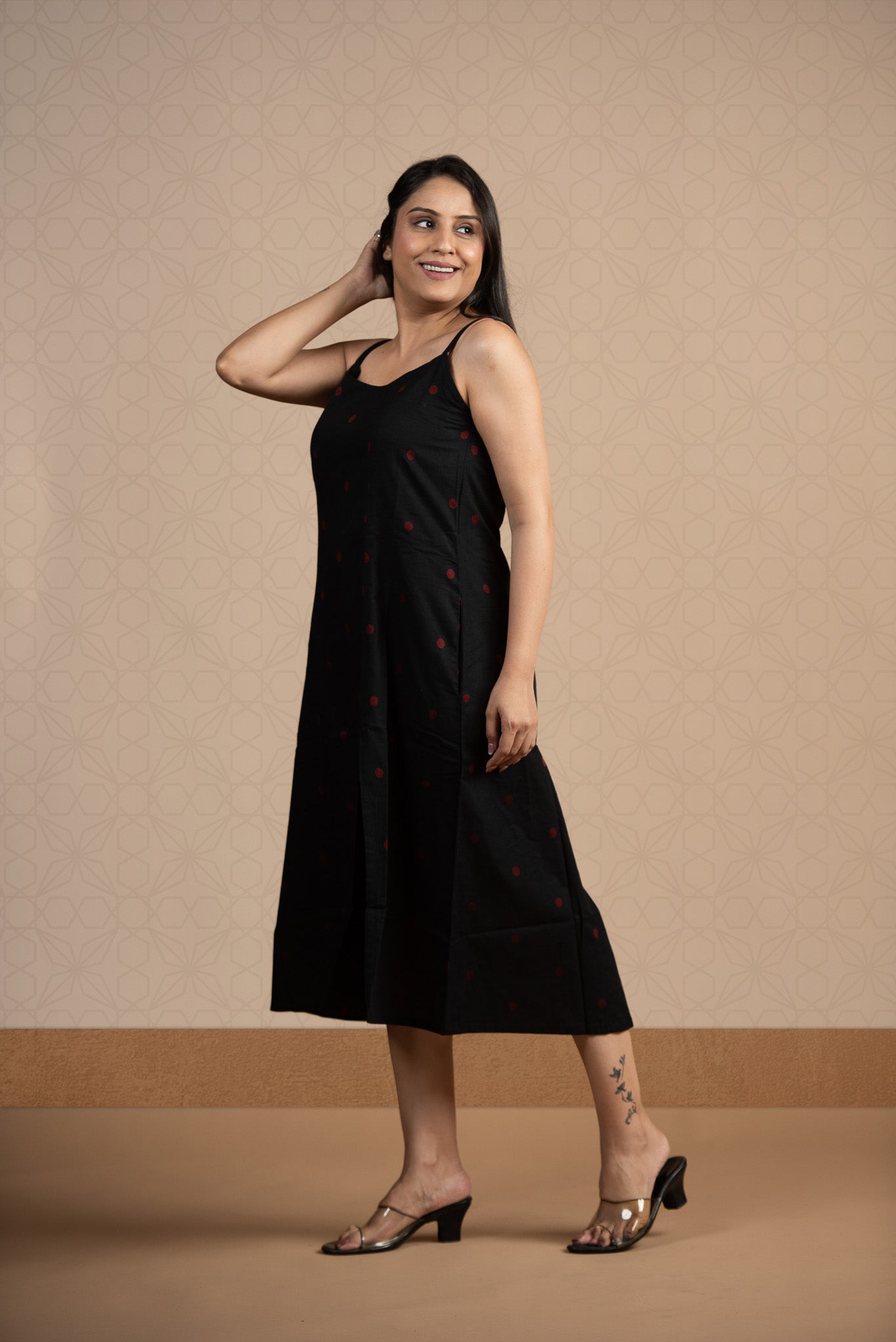 Black Cotton Dobby Spaghetti Front Slits A-line dress