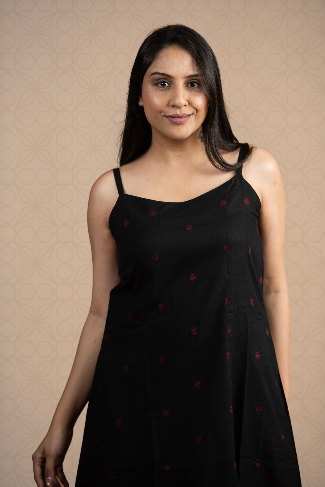 Black Cotton Dobby Spaghetti Front Slits A-line dress
