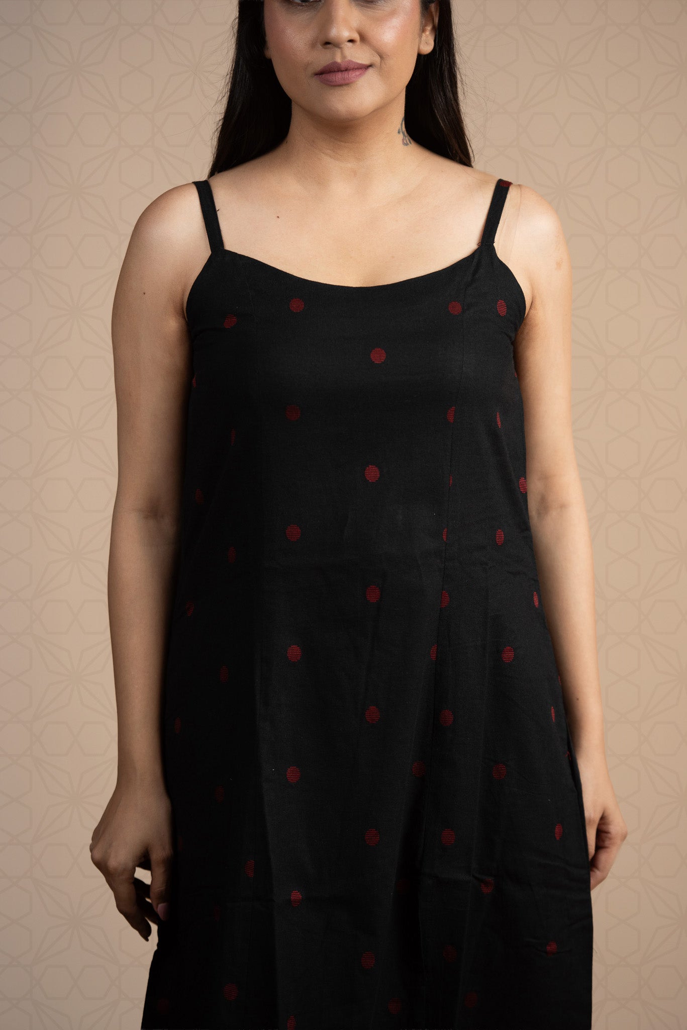 Black Cotton Dobby Spaghetti Front Slits A-line dress