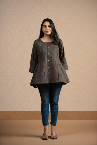 Charcoal Grey Cotton Dobby Front Both Side Plitted Short Kurti
