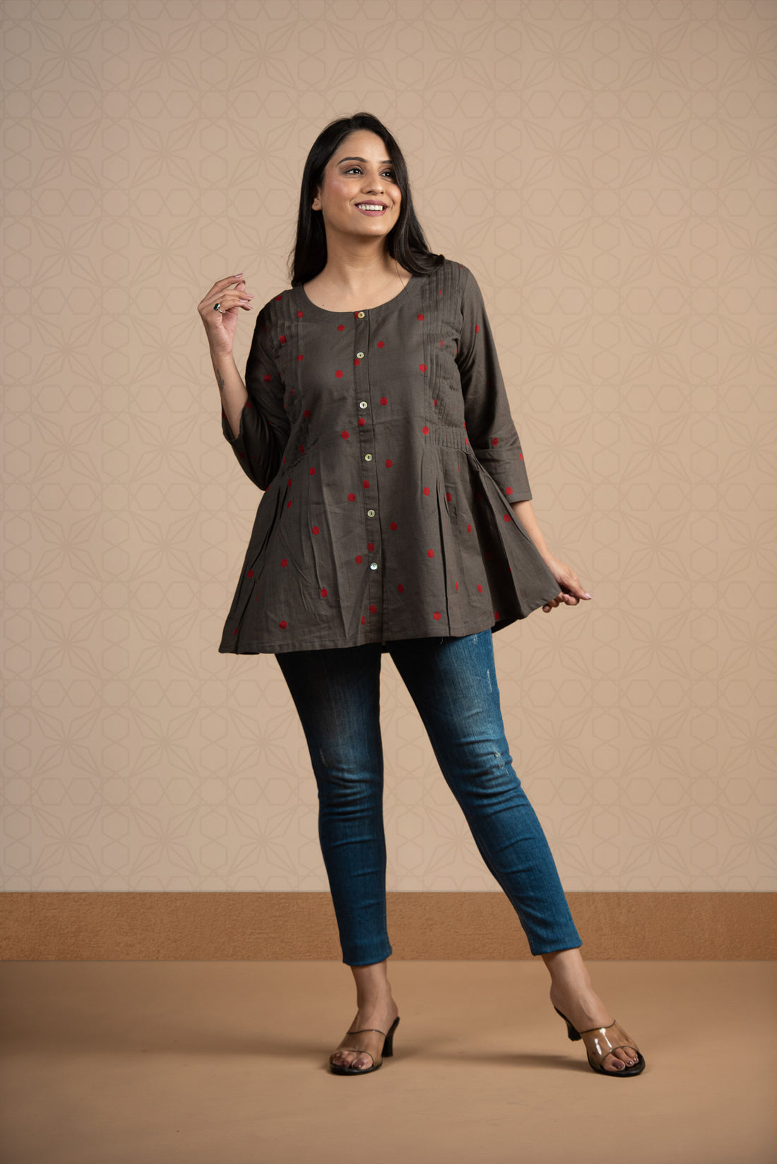 Charcoal Grey Cotton Dobby Front Both Side Plitted Short Kurti