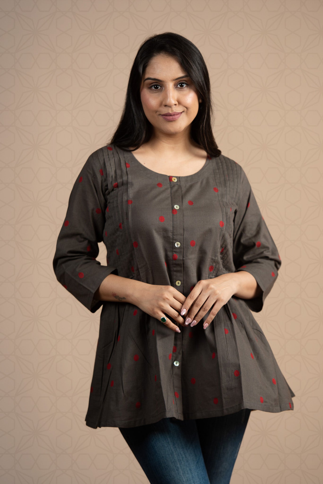 Charcoal Grey Cotton Dobby Front Both Side Plitted Short Kurti
