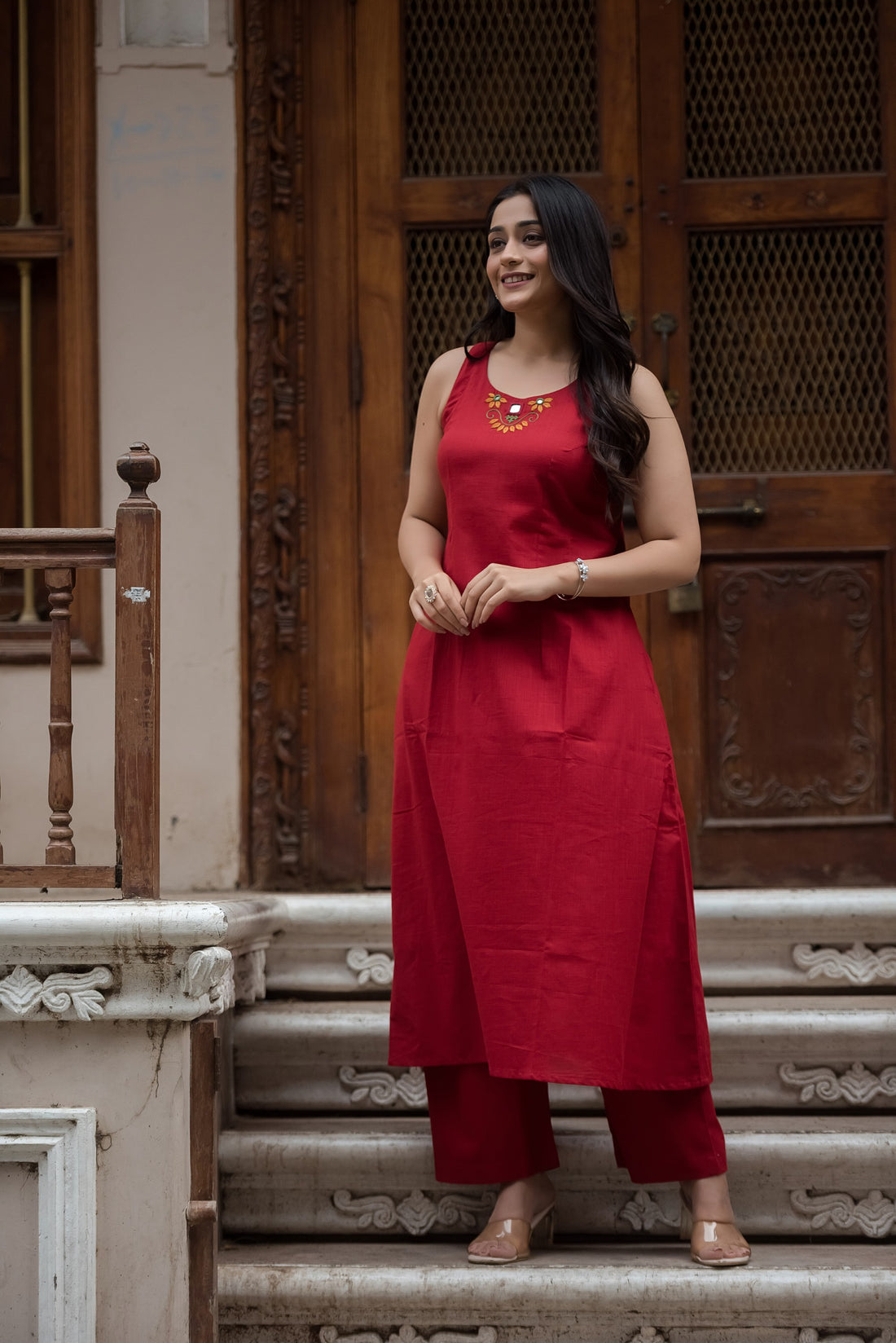 Rust Cotton Slub Halter A-Line Top And Palazzo