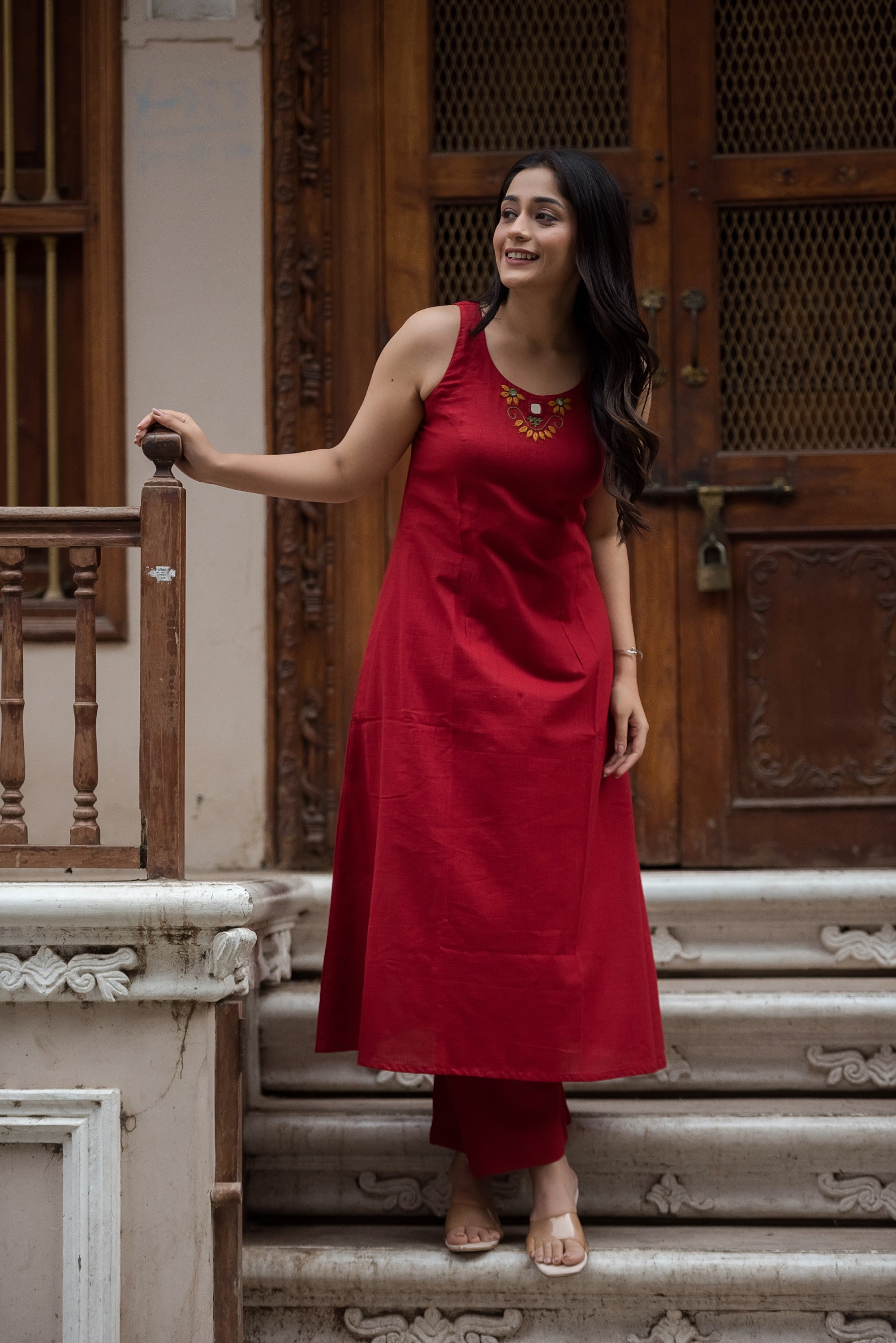 Rust Cotton Slub Halter A-Line Top And Palazzo