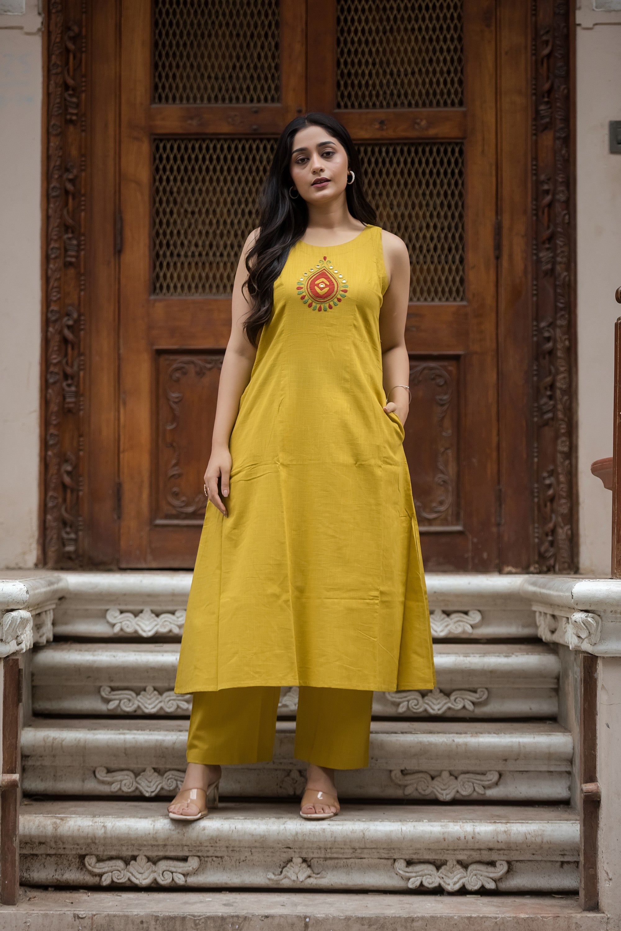 Yellow Cotton Slub A-Line Top And Palazzo