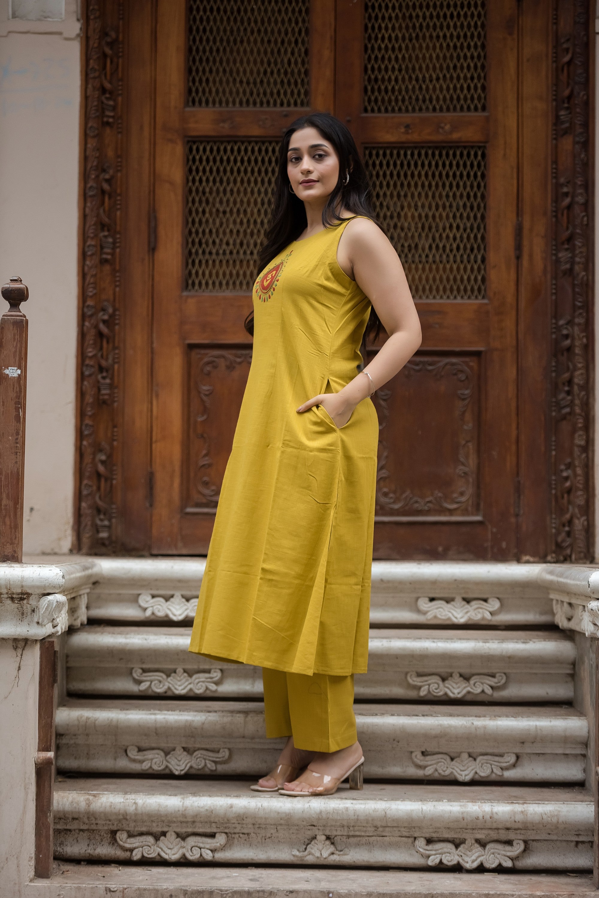 Yellow Cotton Slub A-Line Top And Palazzo
