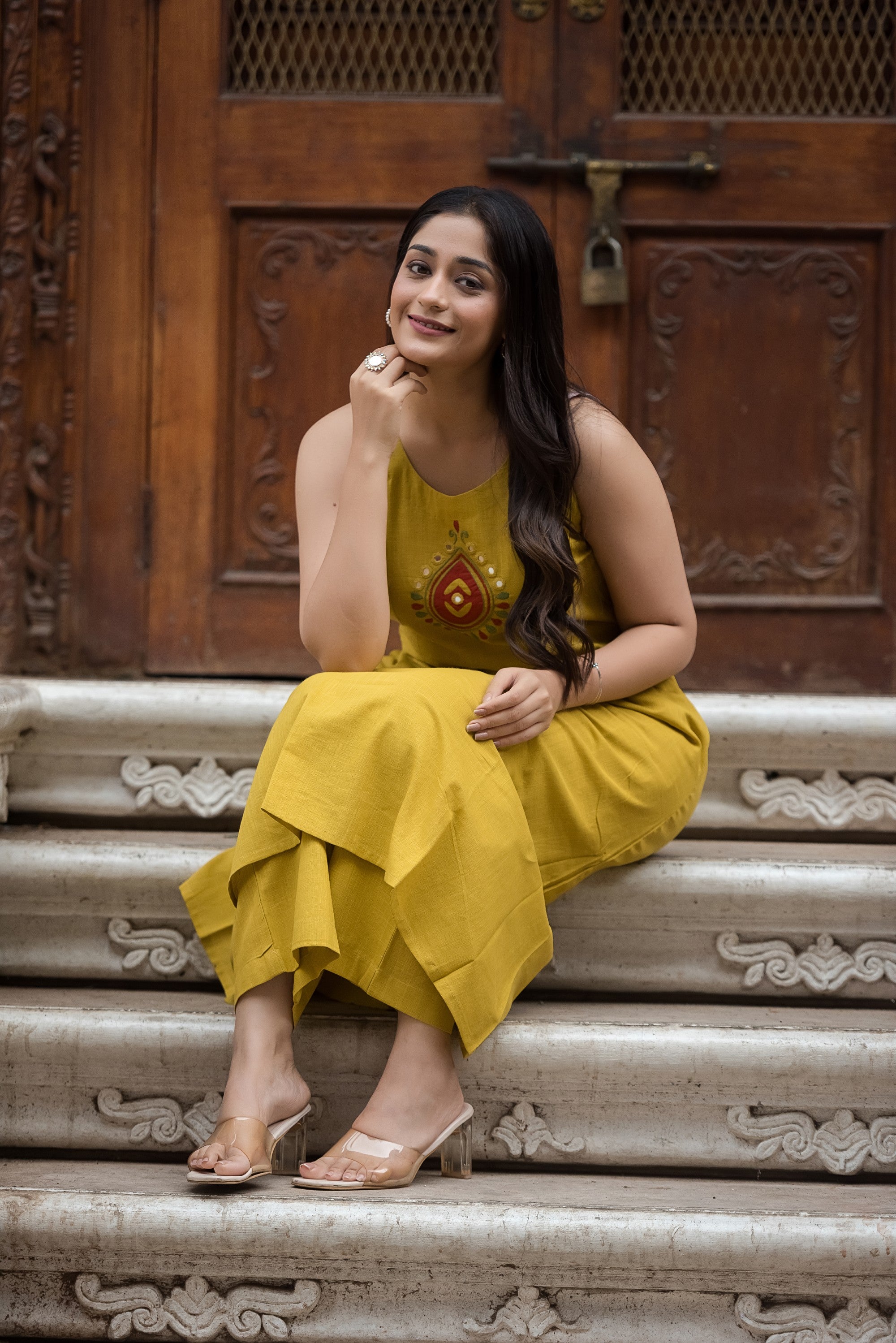 Yellow Cotton Slub A-Line Top And Palazzo