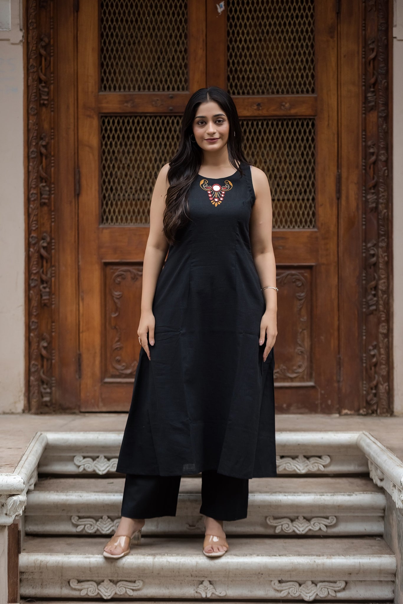 Jet Black Cotton Slub Halter A-Line Top And Palazzo