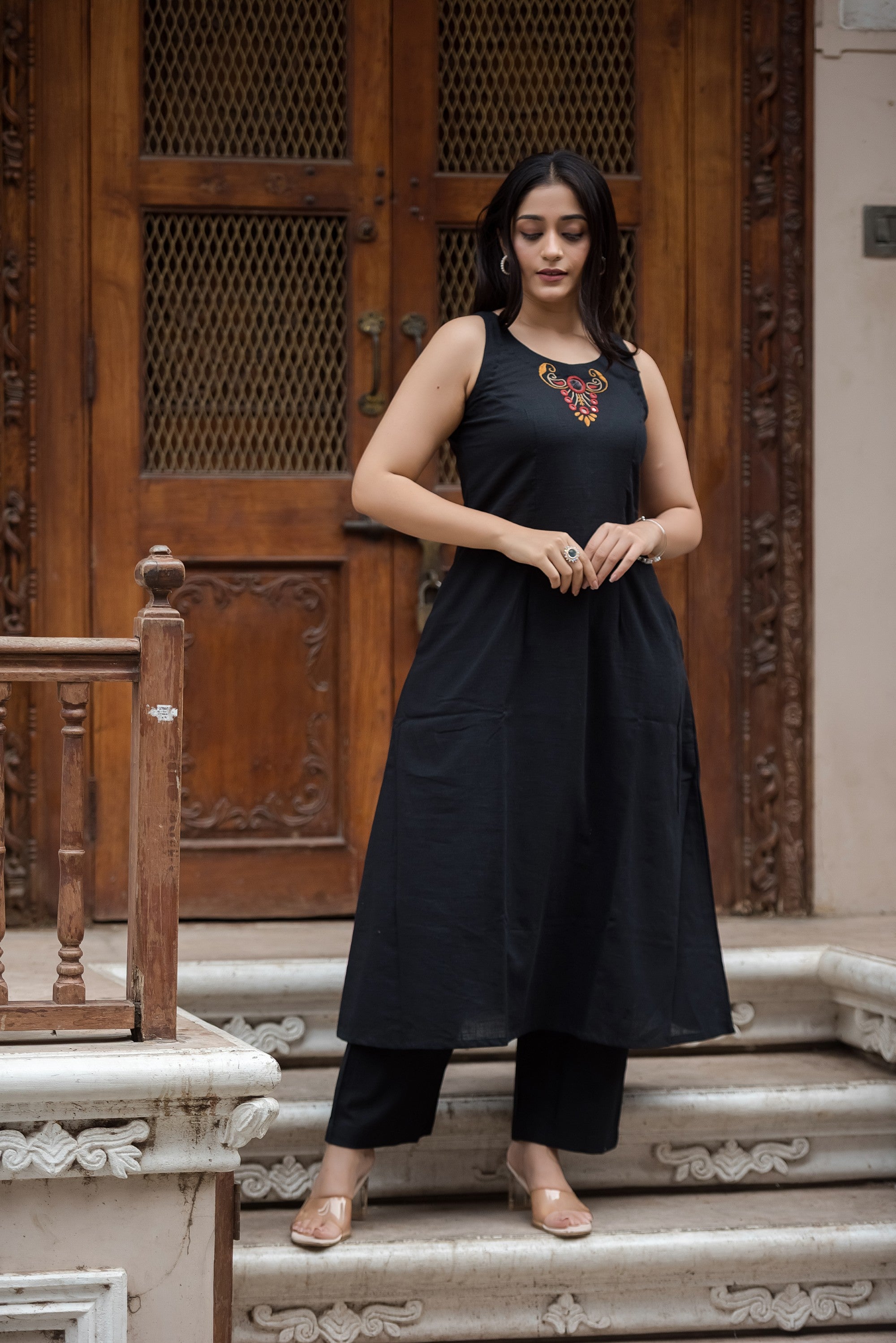 Jet Black Cotton Slub Halter A-Line Top And Palazzo