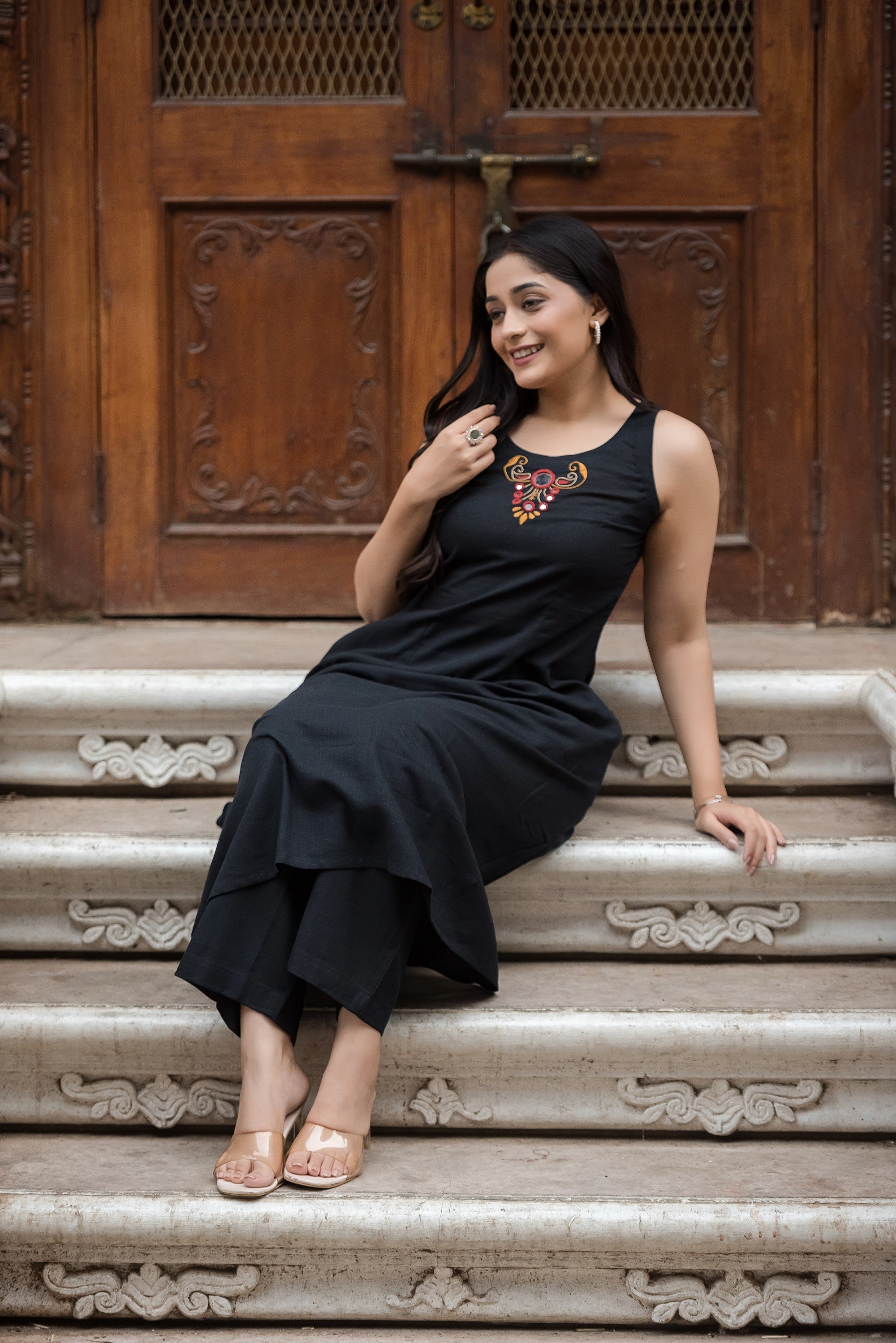 Jet Black Cotton Slub Halter A-Line Top And Palazzo