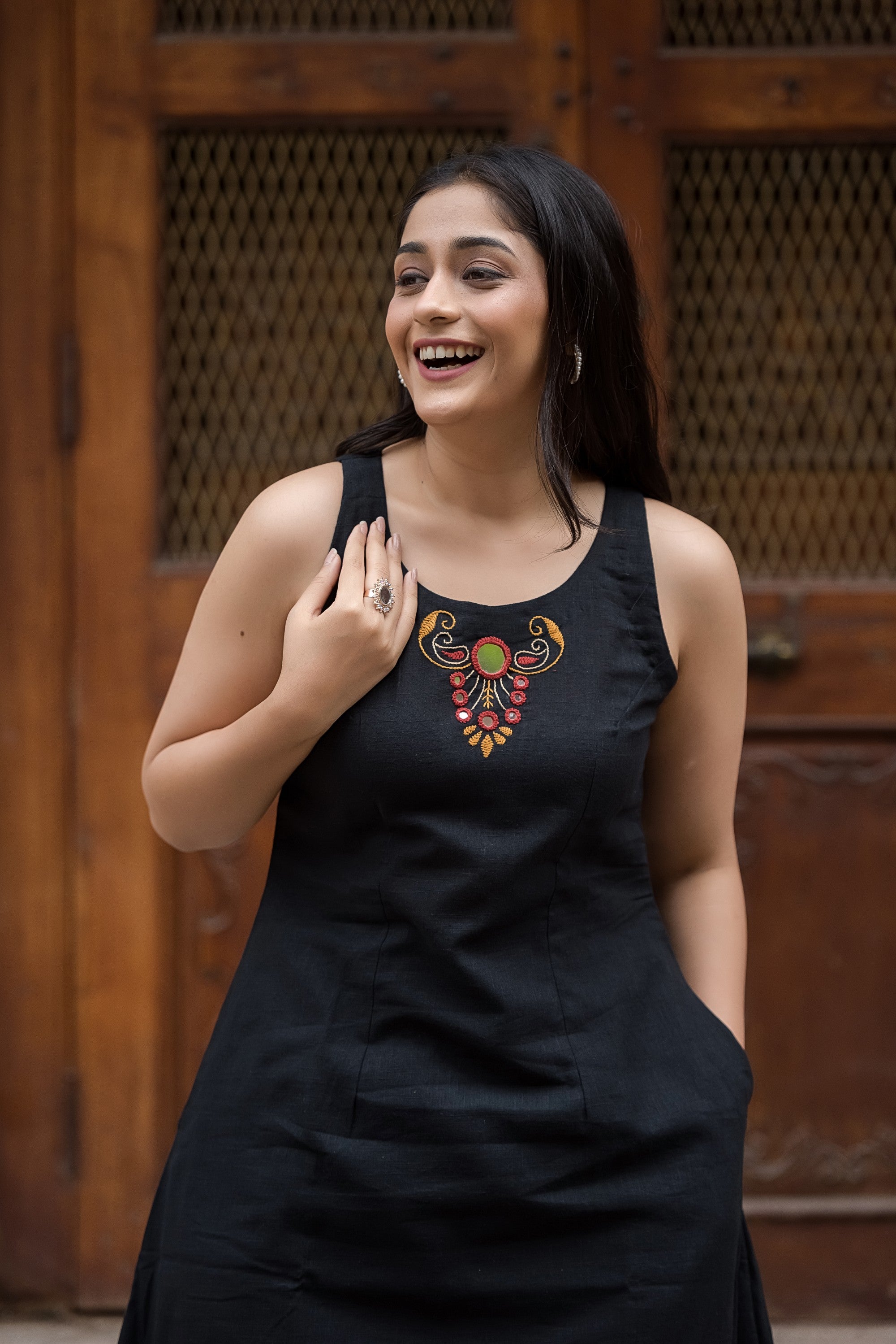 Jet Black Cotton Slub Halter A-Line Top And Palazzo