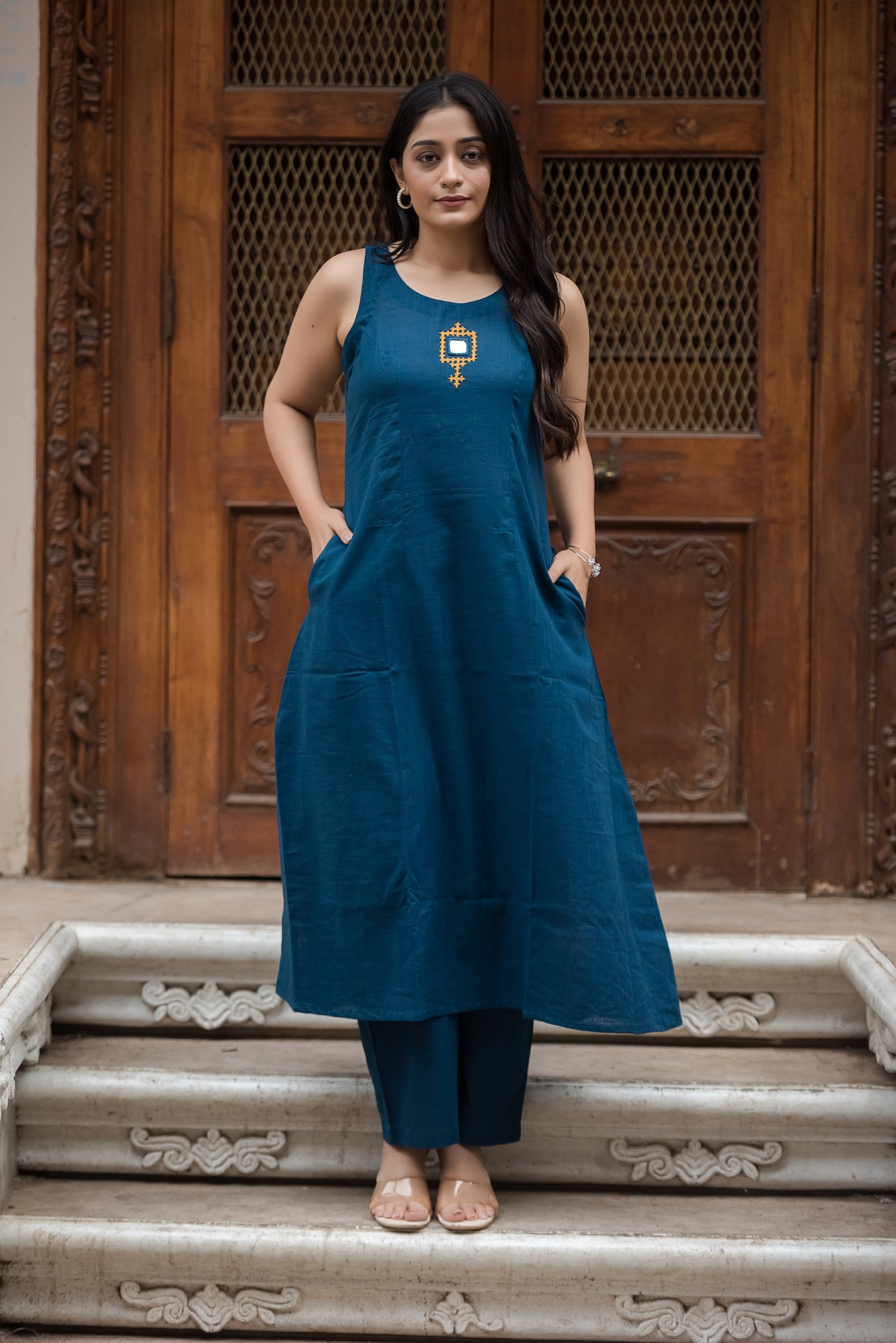 Blue Cotton Slub Halter A-Line Top And Palazzo
