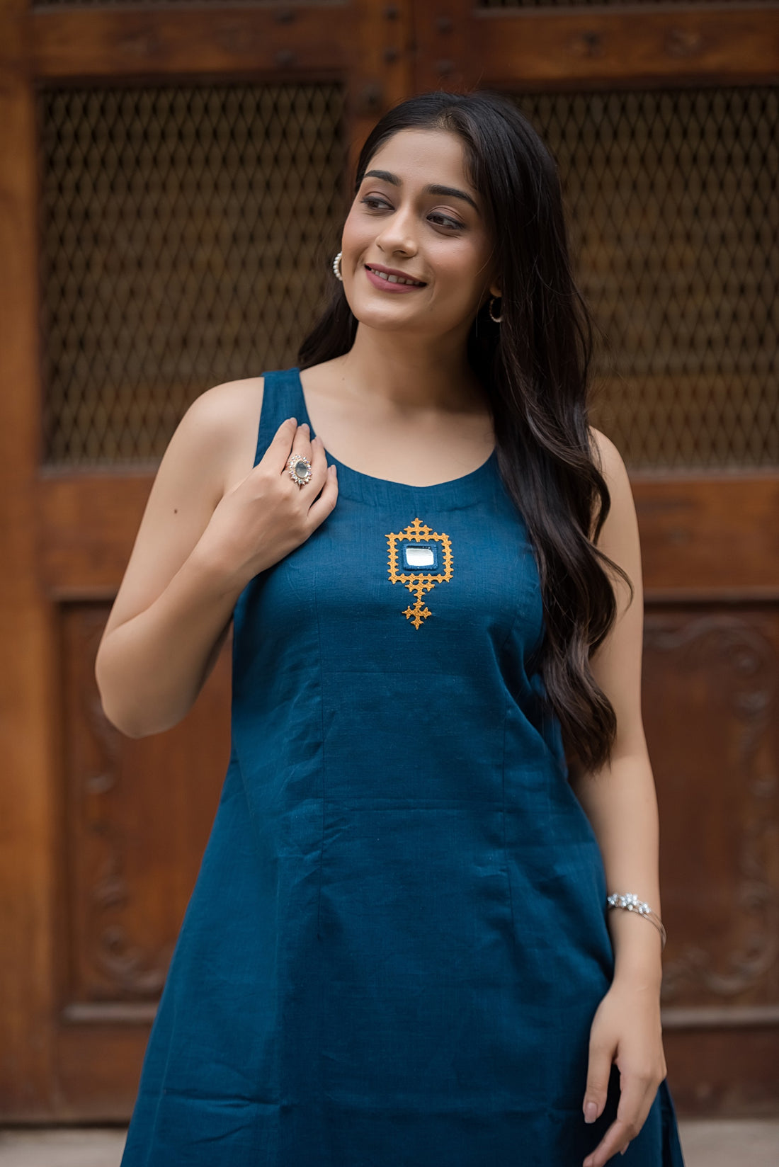 Blue Cotton Slub Halter A-Line Top And Palazzo