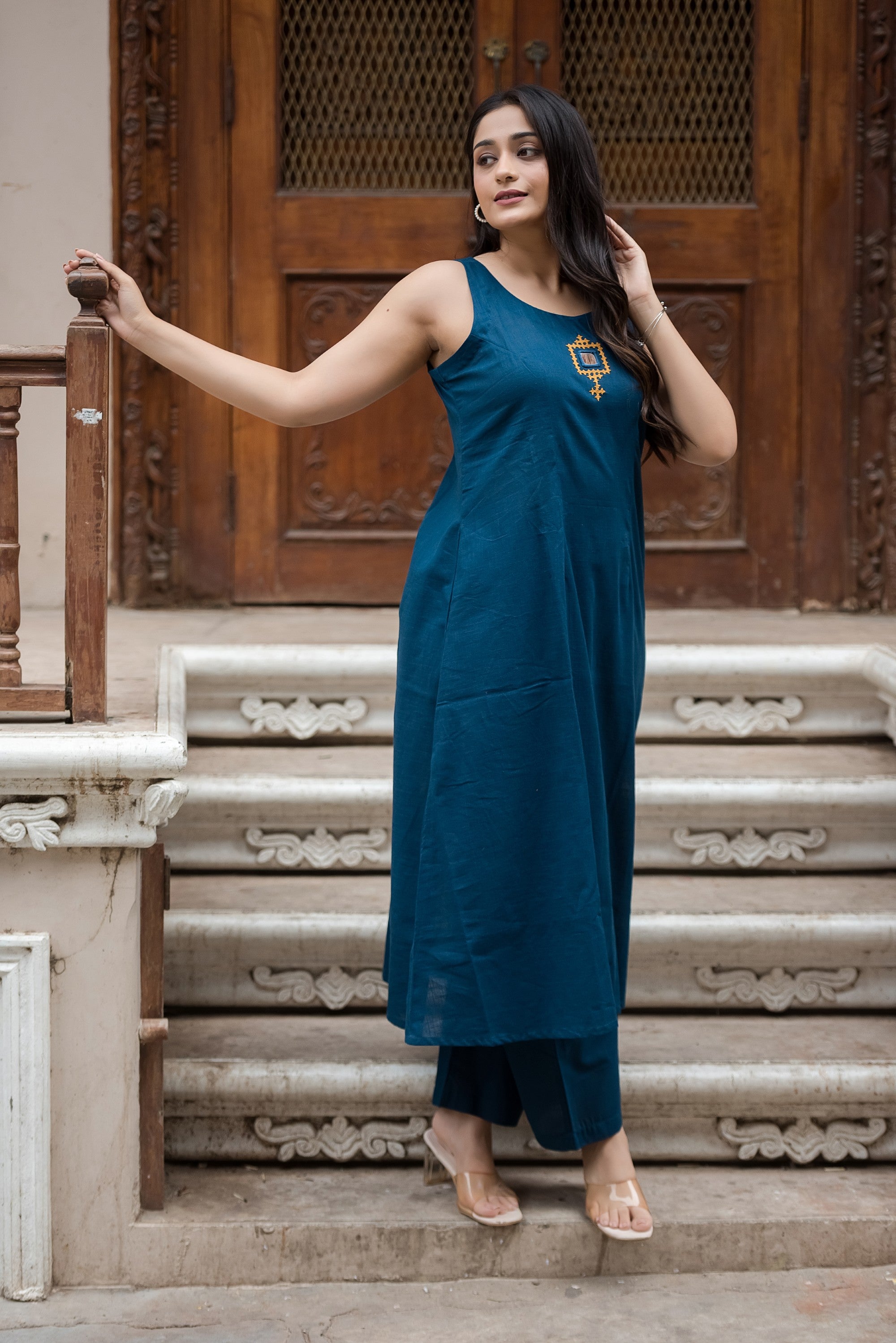Blue Cotton Slub Halter A-Line Top And Palazzo