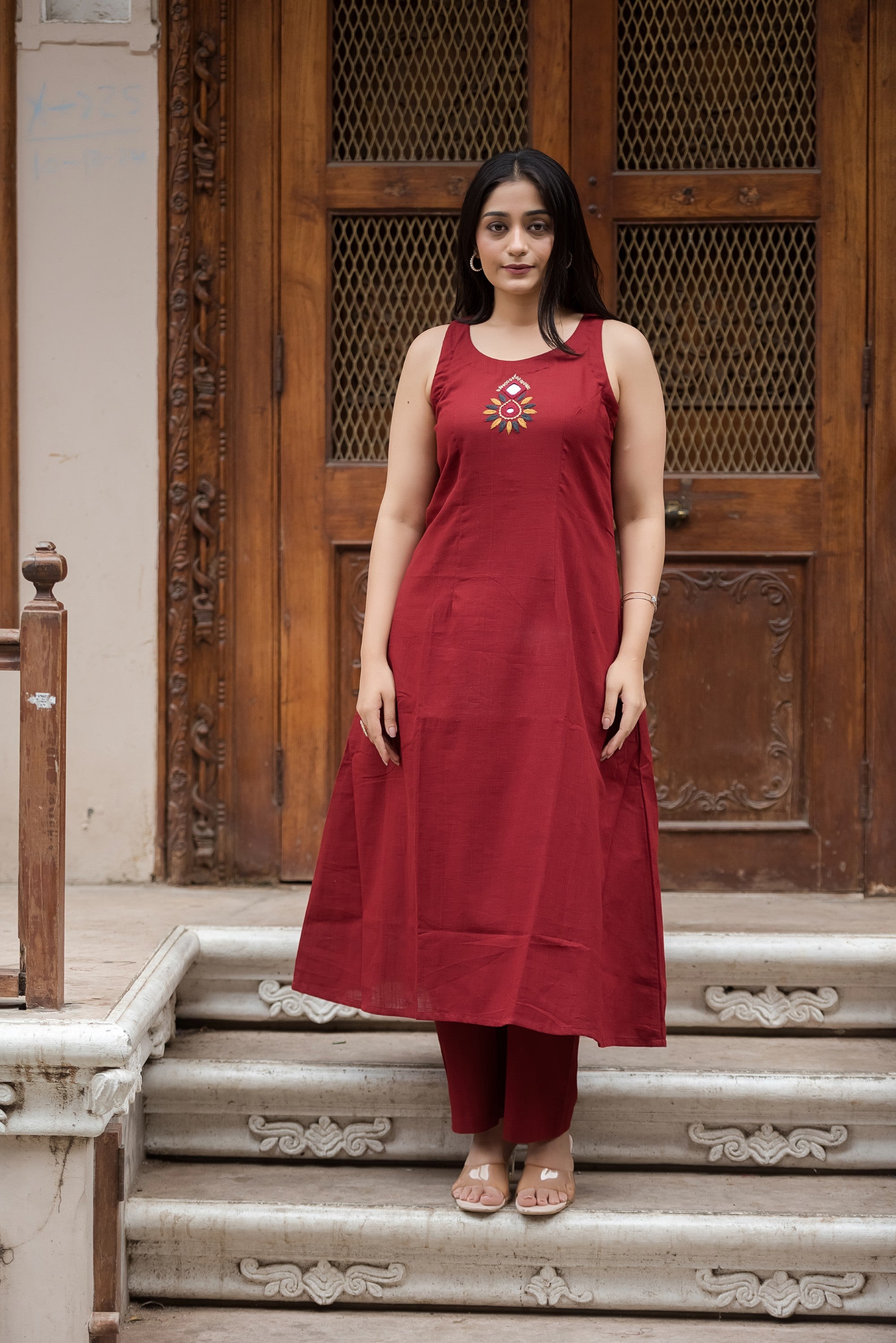 Dark Maroon Cotton Slub Halter A-Line Top And Palazzo