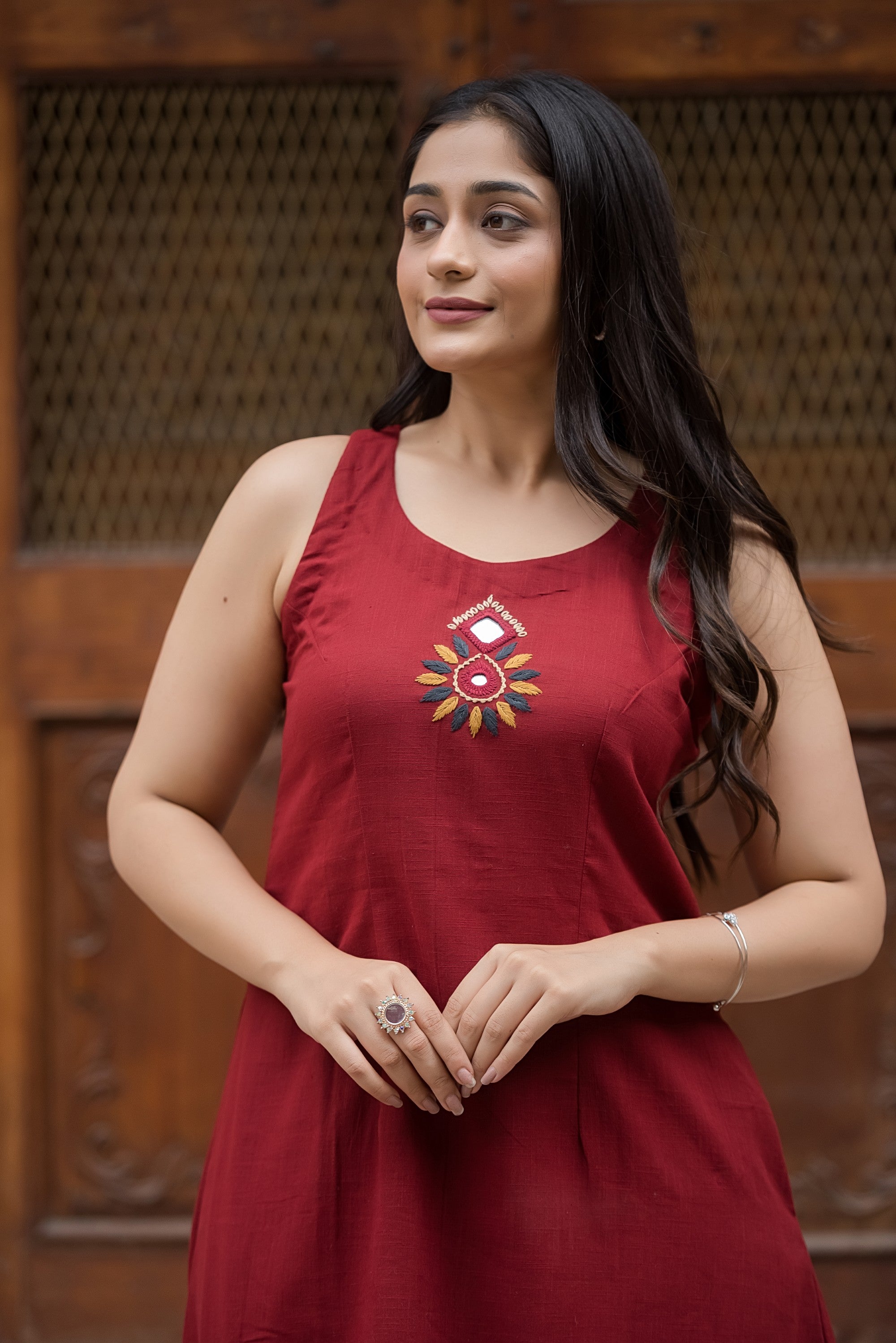 Dark Maroon Cotton Slub Halter A-Line Top And Palazzo
