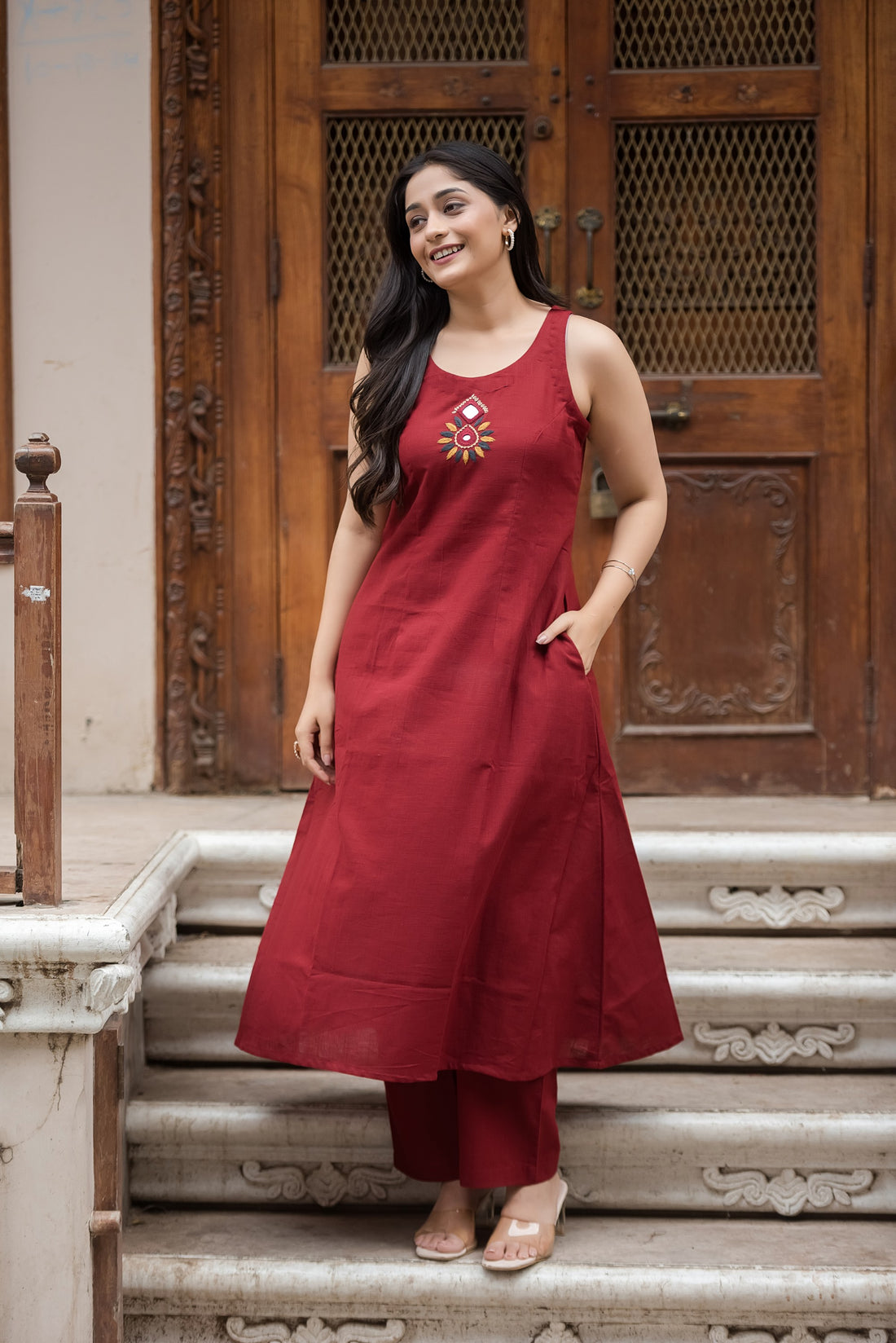 Dark Maroon Cotton Slub Halter A-Line Top And Palazzo
