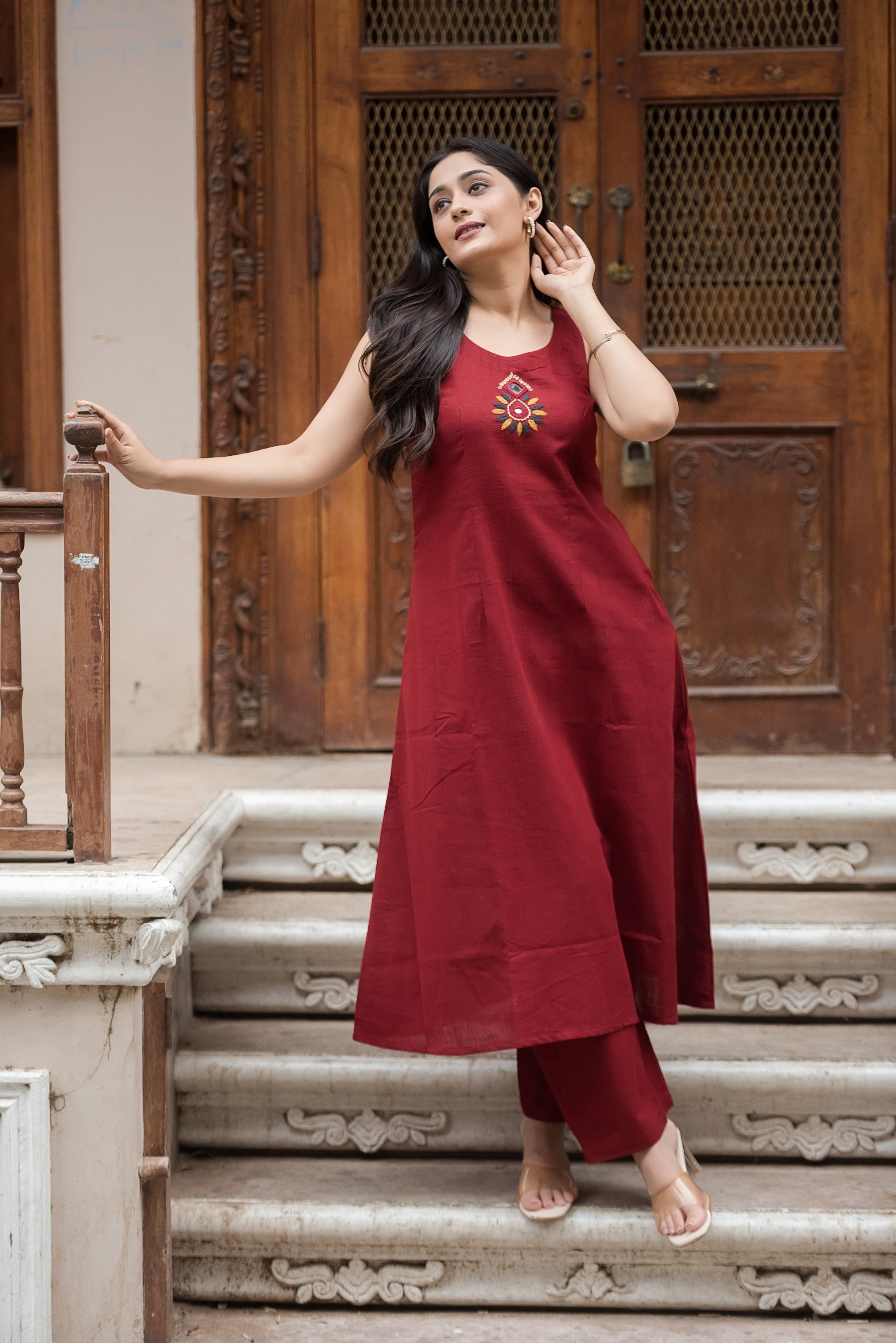 Dark Maroon Cotton Slub Halter A-Line Top And Palazzo