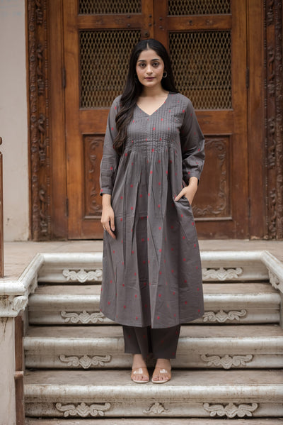 Charcol Gray Cotton Dobby Front Plitted A-line Kurti and Palazzo set