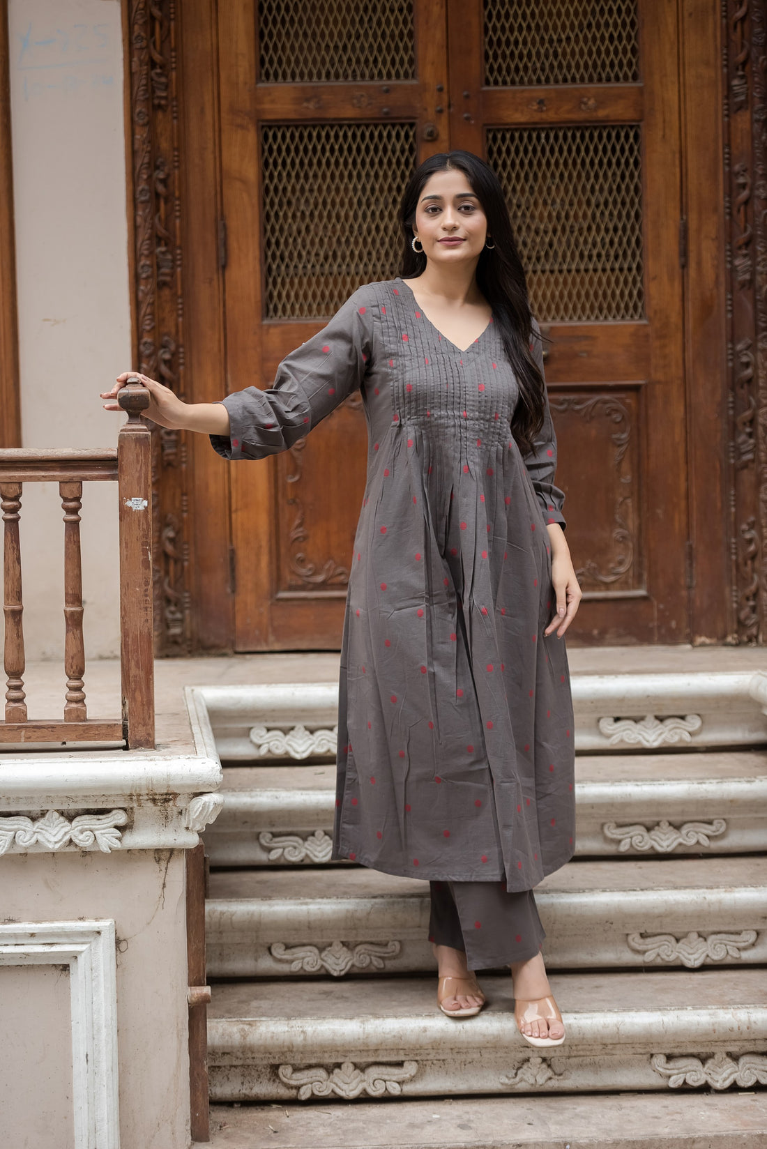 Charcol Gray Cotton Dobby Front Plitted A-line Kurti and Palazzo set